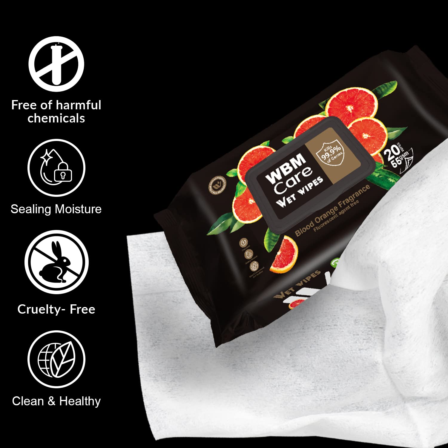 WBM Care Blood Orange Scented Wet Wipes - 20 Sheets per Pack (12 Packs) | Thick & Strong Non-Woven Cloth | Flip Top Dispenser for Convenient Use | Ideal for Travel, Gym, Baby Care & On-the-Go Hygiene
