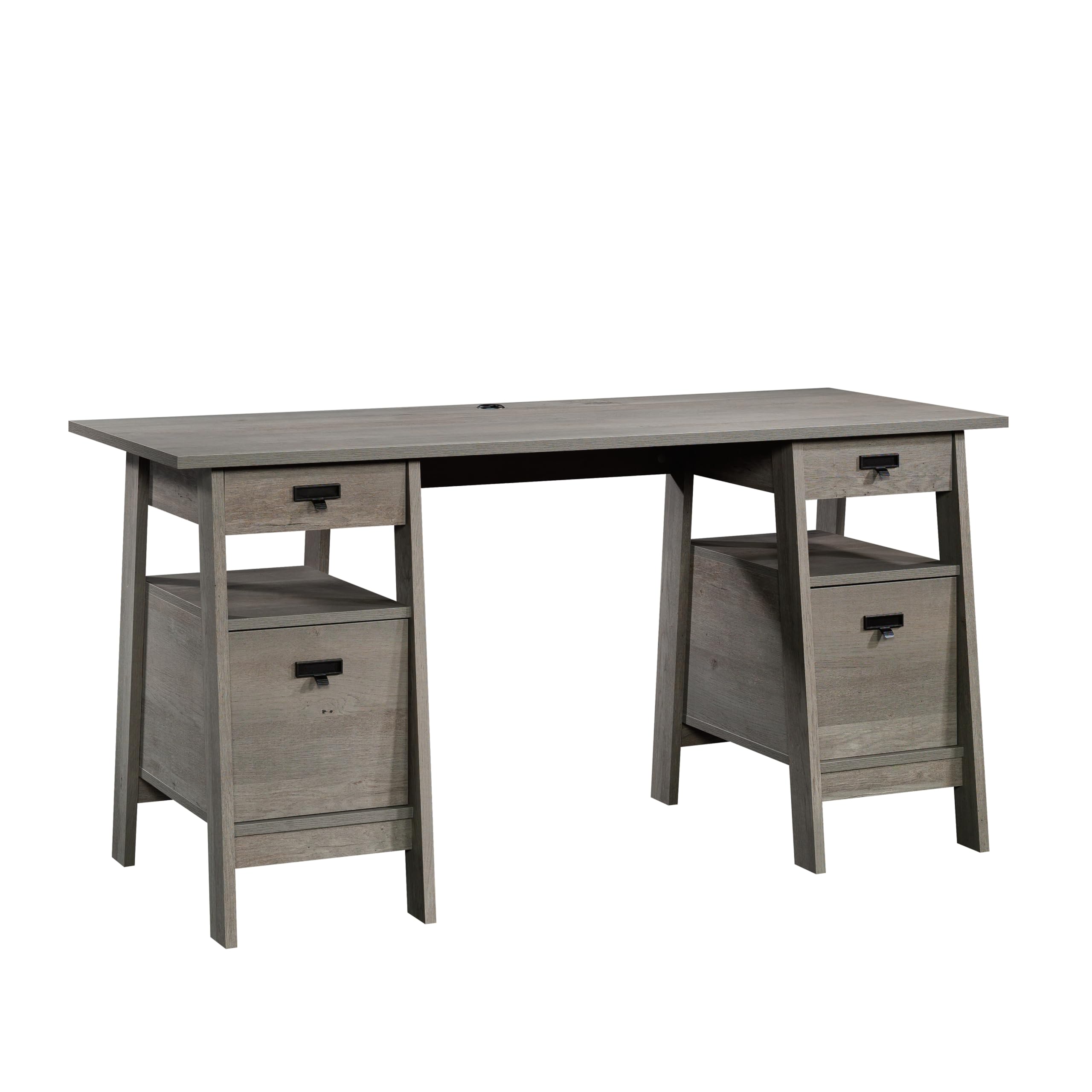 Sauder Trestle Office Desk with Drawers - Executive Writing Desk with File Cabinet Storage, Shelves & Cable Management in Mystic Oak Finish - Perfect for Home Office, Study Room & Workspace Organization
