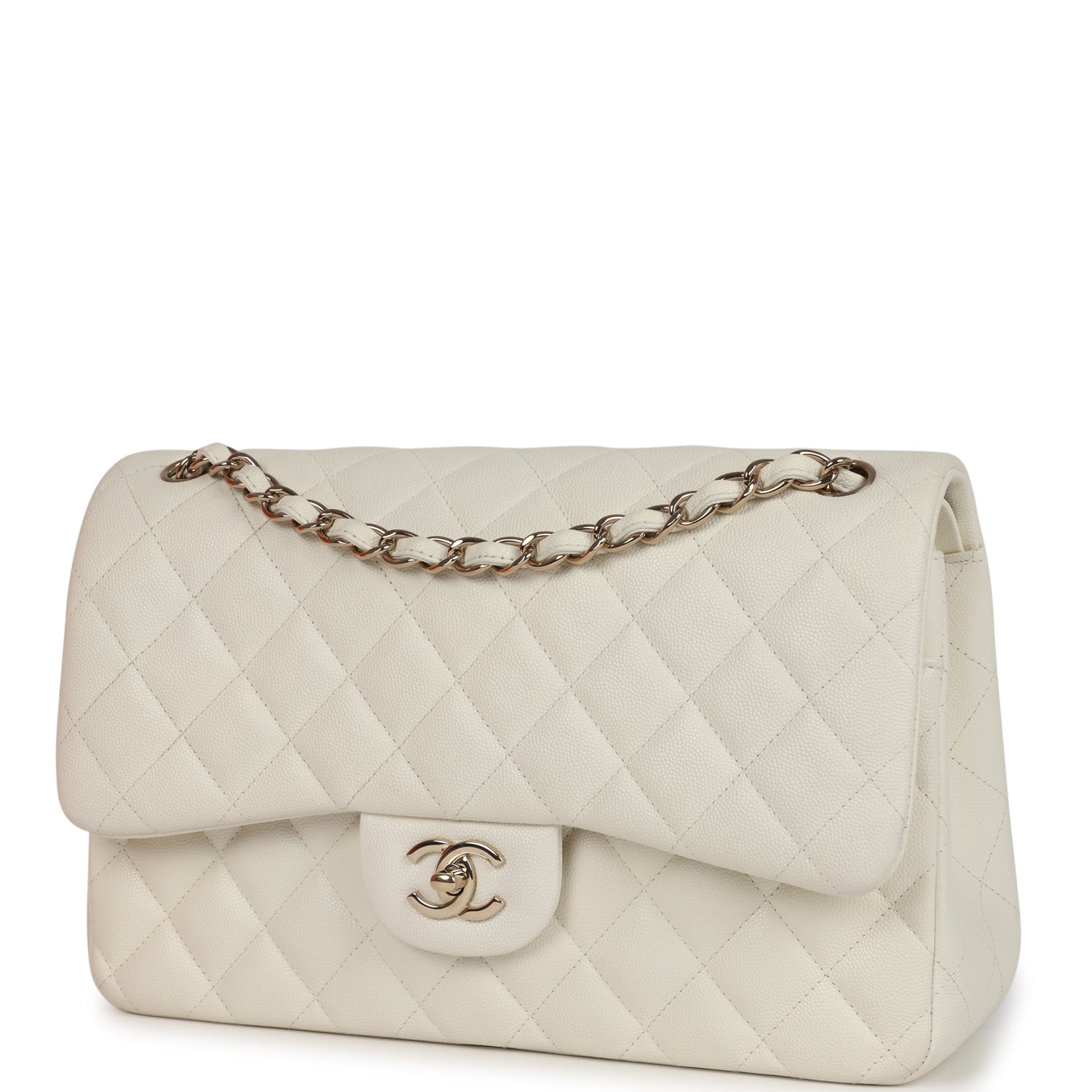 Chanel Jumbo Classic Double Flap Bag in White Caviar Leather with Light Gold Hardware - Luxury Designer Handbag for Women, Perfect for Parties & Special Occasions