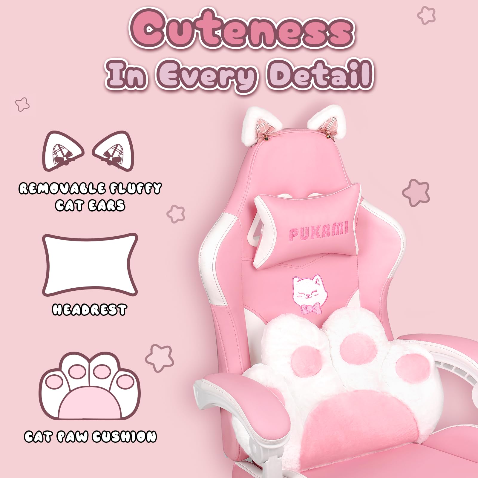 PUKAMI Pink Gaming Chair with Cat Ears & Paw Lumbar Cushion - Ergonomic Computer Chair for Women & Teens, Adjustable Footrest & Headrest, Comfortable Reclining PC Game Chair for Adults - Perfect for Gaming, Streaming & Home Office (Pink)