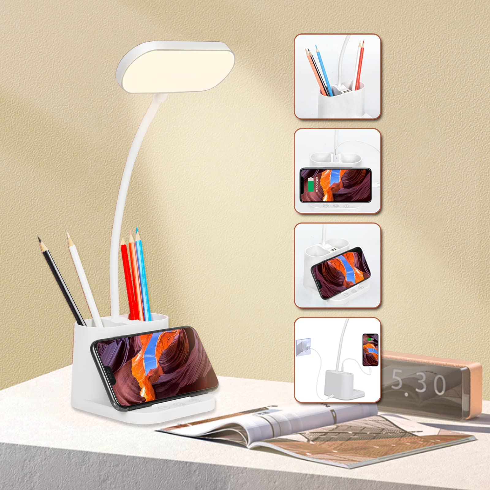 Owwasd Eye-Caring Desk Lamp with 3 Light Modes & Stepless Dimming, Flexible Gooseneck, USB Charging Port, Pen & Phone Holder - Touch Control Table Lamp for Study, Office, Reading, Home & Dorm Room Lighting