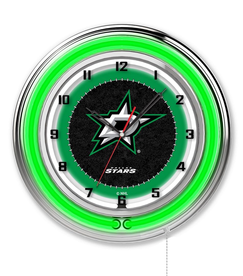 Dallas Stars 19-Inch Double Neon Wall Clock - NHL Hockey Team Decor for Game Room, Bedroom & Office | Silent Quartz Movement, Battery Operated