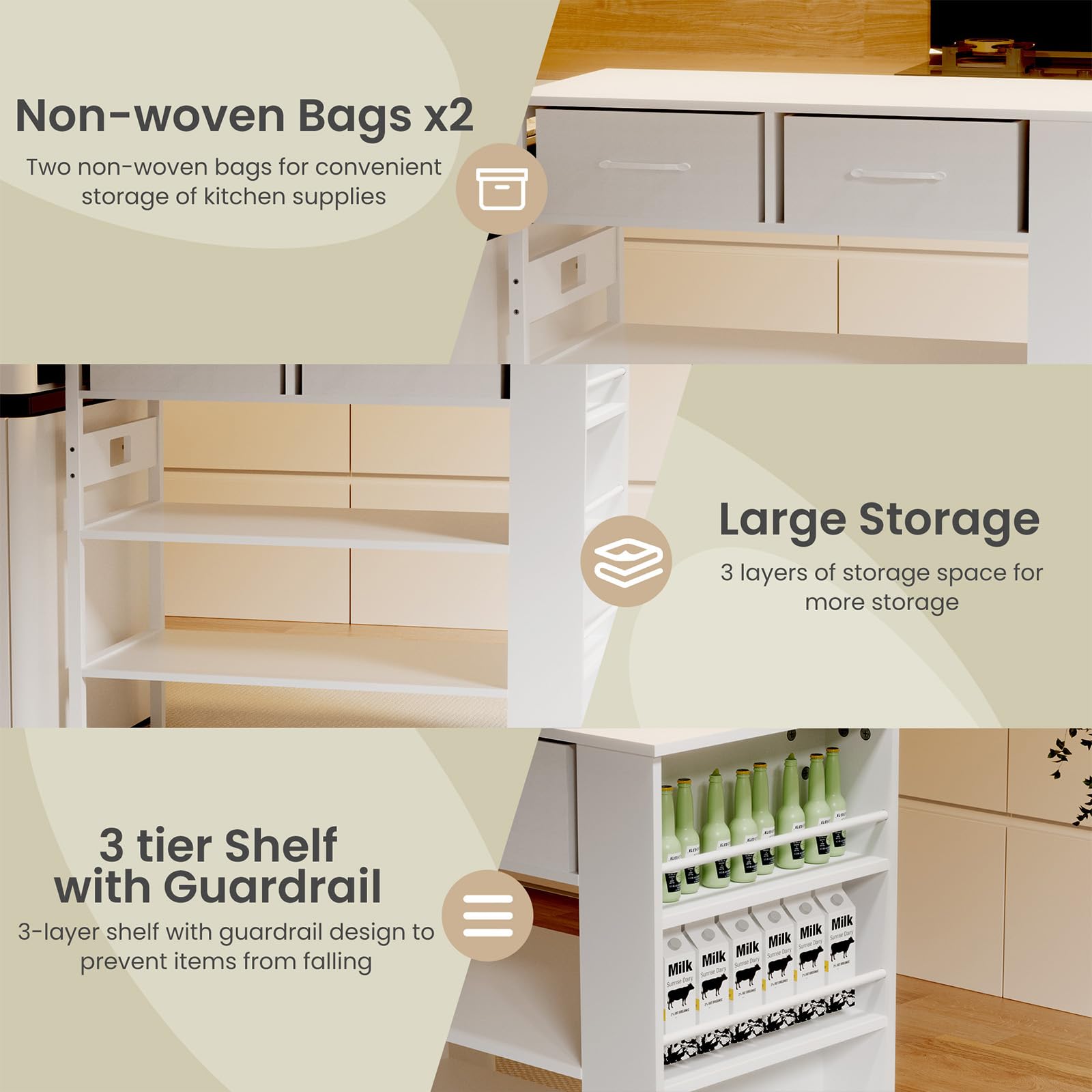 Modern White Kitchen Island with Open Storage Shelves, Spice Rack & Power Outlet - Versatile Bar Table for Cooking, Dining & Entertaining in Small Spaces