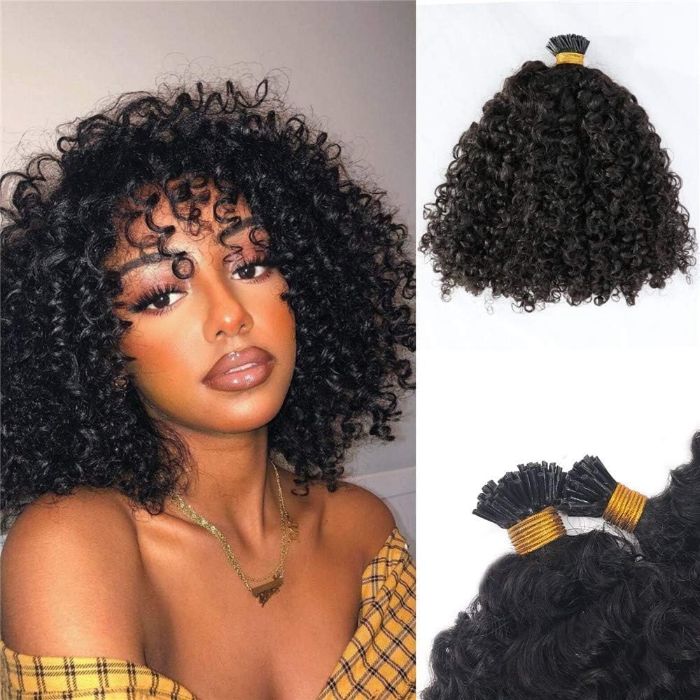 Brazilian Remy Human Hair Extensions - 100g 16 Inch Pre Bonded I-Tip Curly Hair for Microlinks & Fusion - 100 Strands Natural Color - Perfect for Volume & Styling