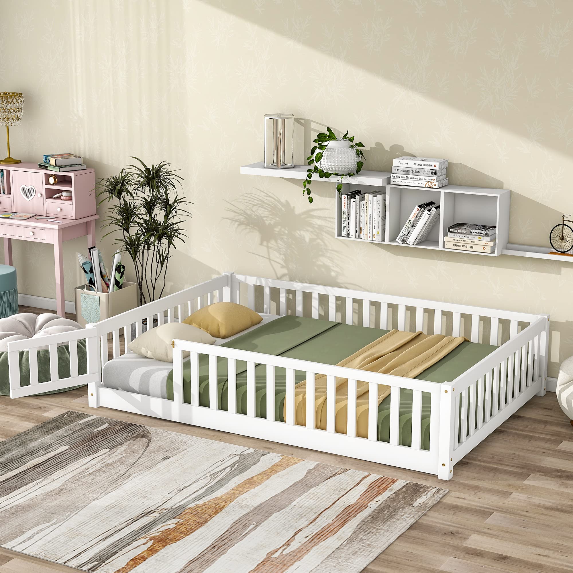 Montessori Floor Bed for Toddlers - Full Size Wooden Platform Bed with Safety Fence Guardrails & Door - White Kids Bed Frame for Safe Sleep & Independent Play - Perfect for Montessori Rooms & Daycare Centers