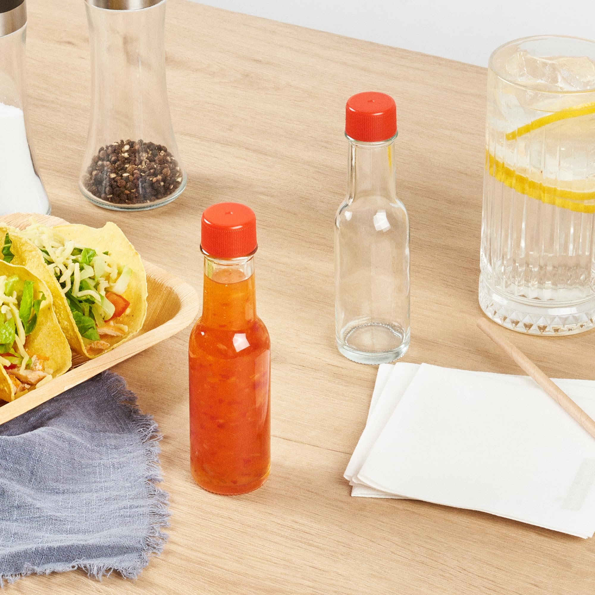 **Vetri 3 oz Clear Glass Woozy Bottles (10-Pack) with Red Caps – Dishwasher Safe & Durable for Hot Sauce, Salad Dressing, BBQ Sauce, Oil, Tinctures – Perfect for Restaurants, Catering & Home Kitchens**