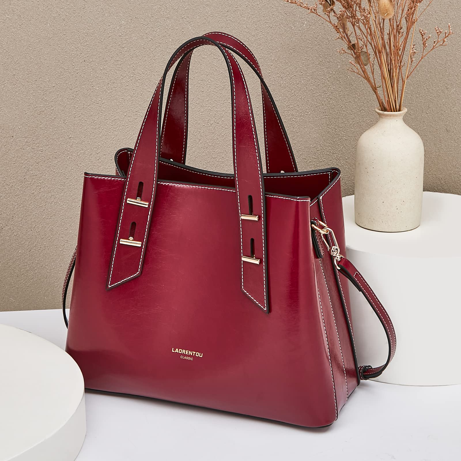 LAORENTOU Women's Crossbody Handbag - Genuine Cow Leather Satchel Purse with Top Handle & Shoulder Strap for Work, Travel & Everyday Use