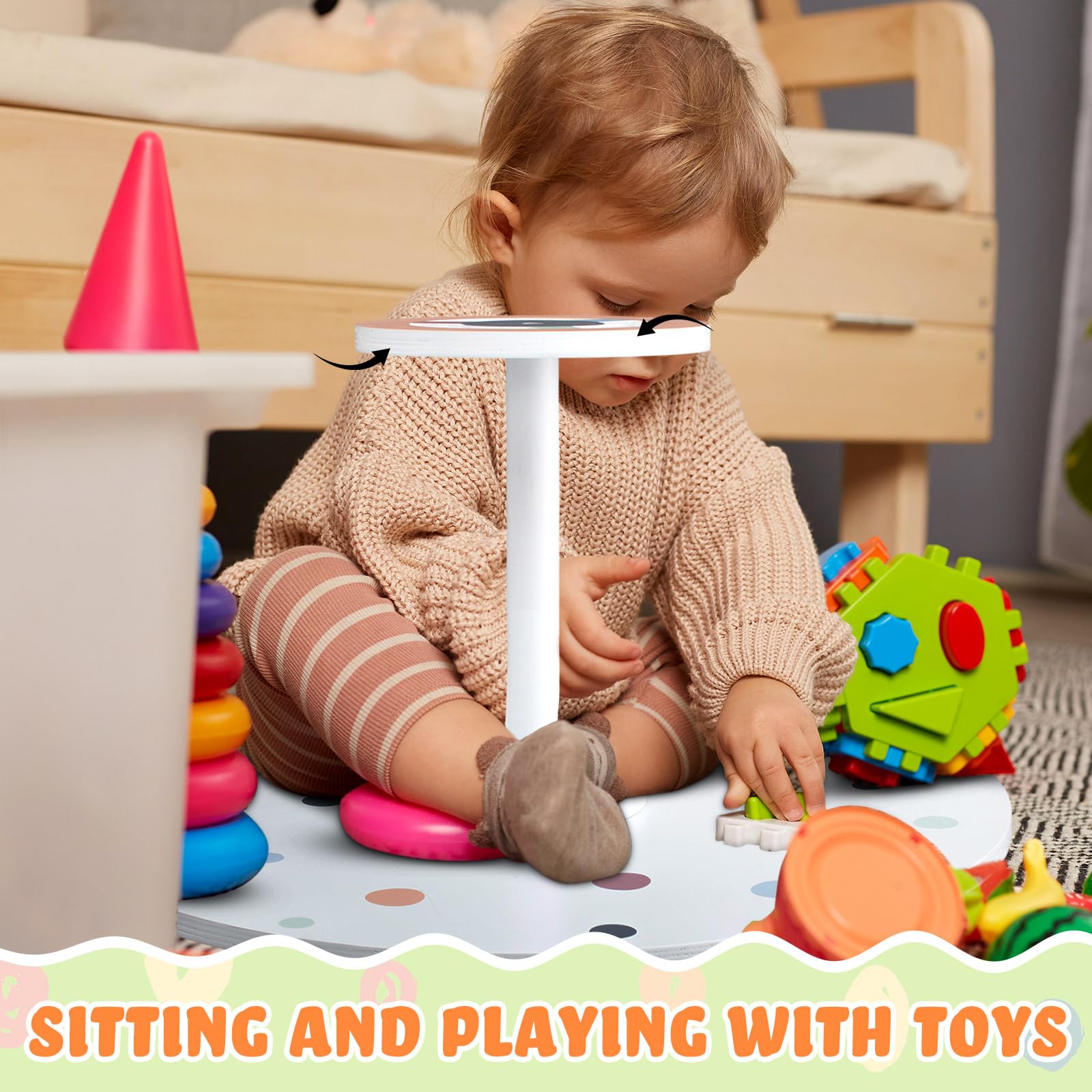 Briwooody Large 21.65 Inch Wooden Sit and Spin Toy for Toddlers & Kids - Spinning Activity Chair with Boho Polka Dot Design - Perfect Gift for Boys and Girls - Fun Indoor Play for Birthday Parties, Preschool Learning & Sensory Development