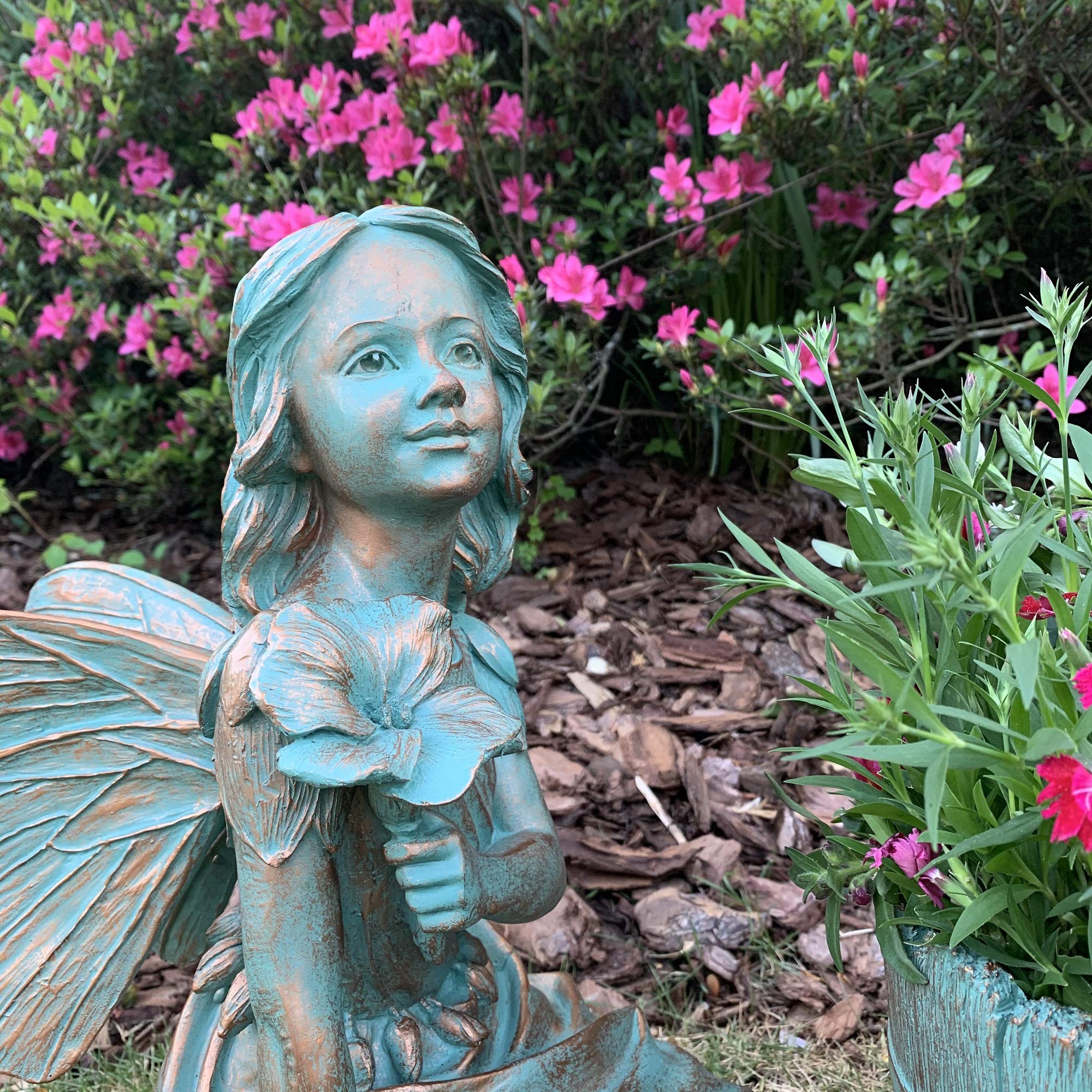 14 Inch H Gabriella Fairy Statue with Bronze Patina Barrel Planter Pot - Elegant Home & Garden Decor for Outdoor Patio, Fairy Garden, and Indoor Display