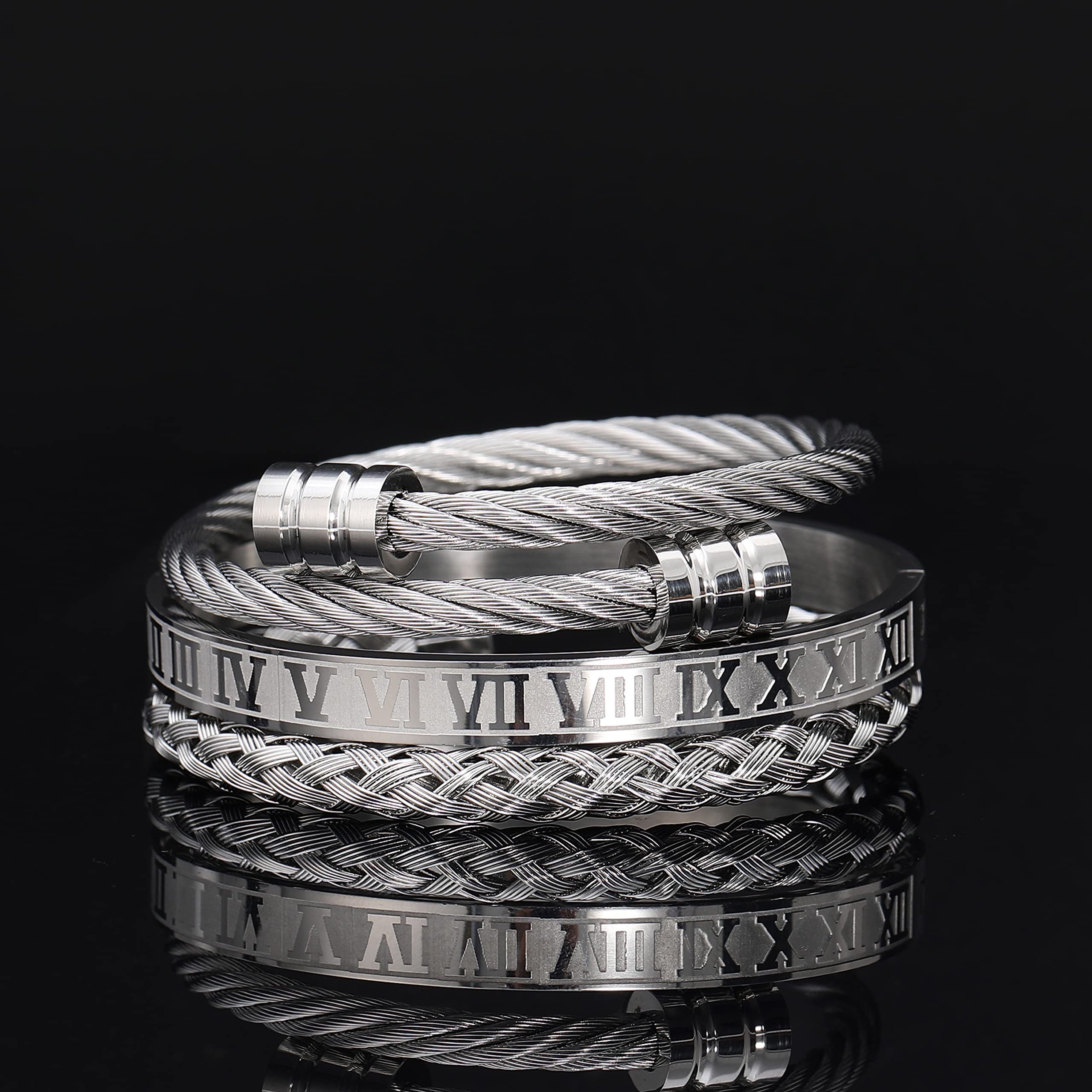 WFYOU 3PCS Stainless Steel Bracelets for Men - Gold Roman Numeral & Adjustable Cuff Bracelets - Luxury Mens Jewelry Gifts for Birthday, Anniversary, Wedding & Everyday Wear