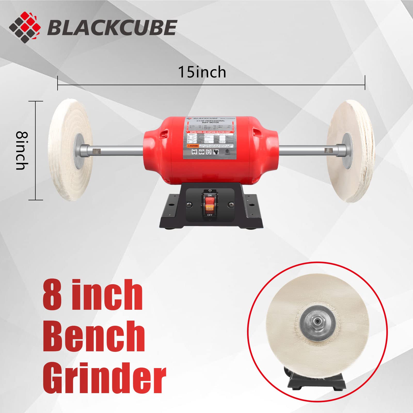 BLACKCUBE 8 Inch Bench Buffer Polisher Motor with Dual Buffering Wheels - Benchtop Polishing Machine for Jewelry, Metal, Wood & Plastic - Perfect for Knife Sharpening & DIY Projects (Workshop, Jewelry Making, Metal Finishing)
