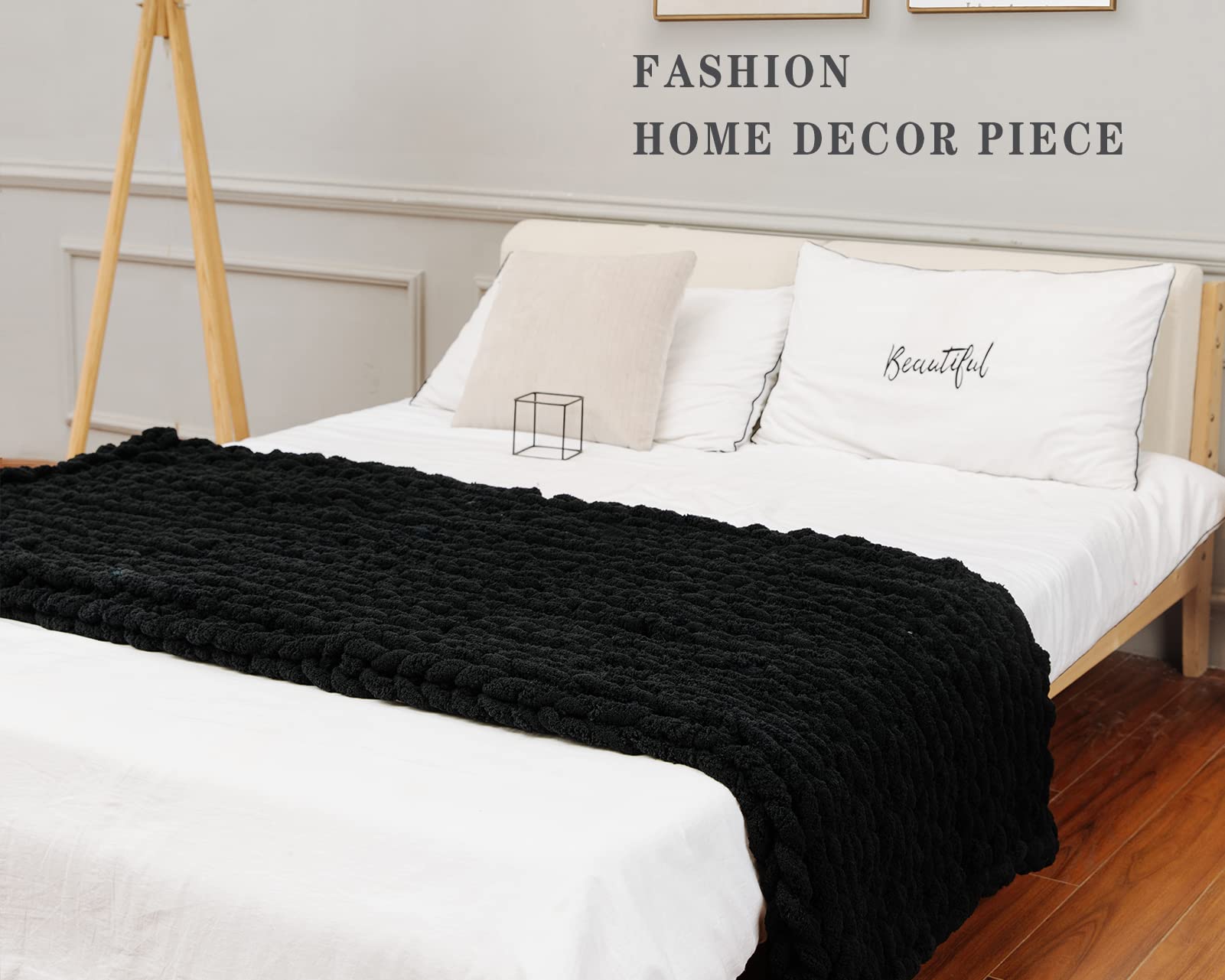 Alzoear Chunky Knit Throw Blanket - Soft Chenille Handmade Cozy Warm Blanket for Sofa, Bed, Couch - Perfect for Living Room, Bedroom Decor & Winter Snuggling (Black, 60x80 Inches)