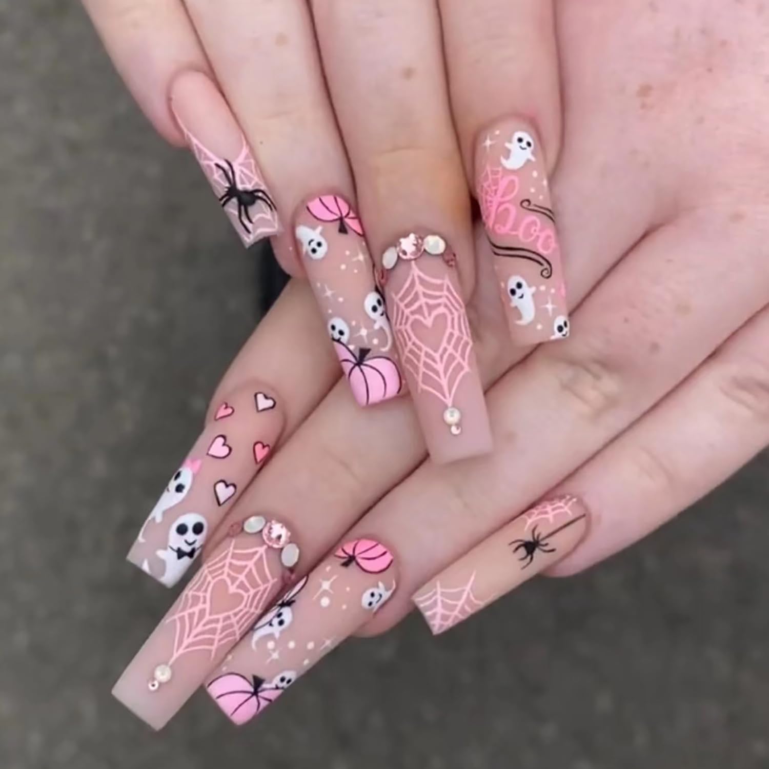 Halloween Press on Nails - 24PCS Long Square Fake Nails with Pumpkin, Coffin, Heart & Spider Web Designs | Glue on Nails with Rhinestones for Women | Perfect for Halloween Parties, Costume Events & DIY Nail Art