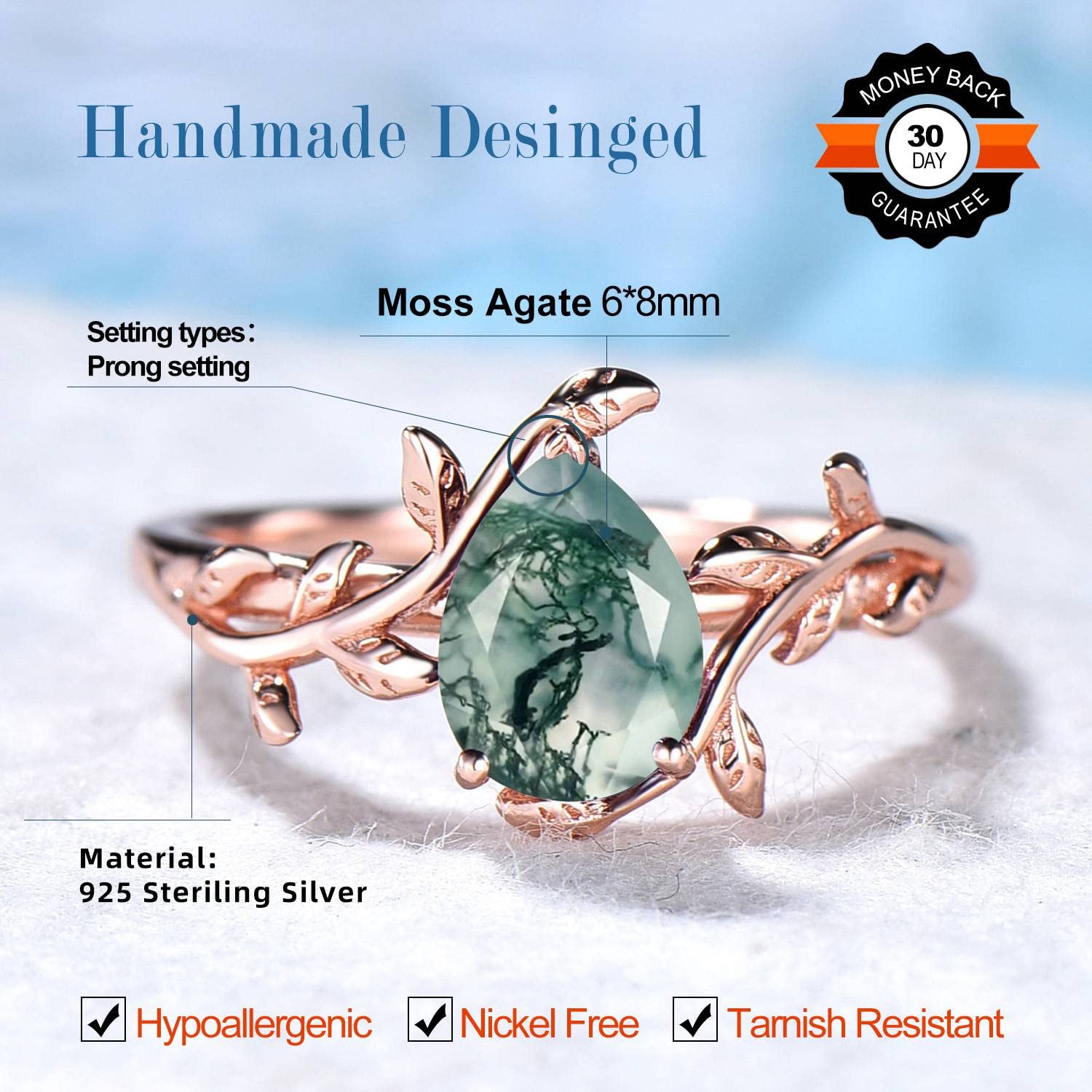 Natural Green Moss Agate Pear Shape Engagement Ring - Vintage Solitaire Crystal Healing Ring with Leaf Design - Unique Promise Ring for Women, Wedding, Anniversary & Spiritual Energy Jewelry Gift