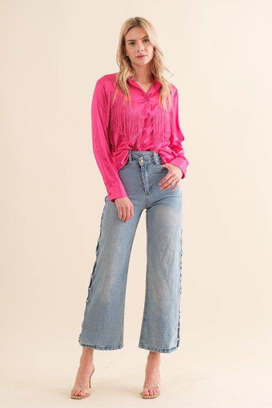Blue B | Women's Satin Blouse with Chevron Fringe Trim - Elegant Party Top for Night Out, Date Night & Special Occasions