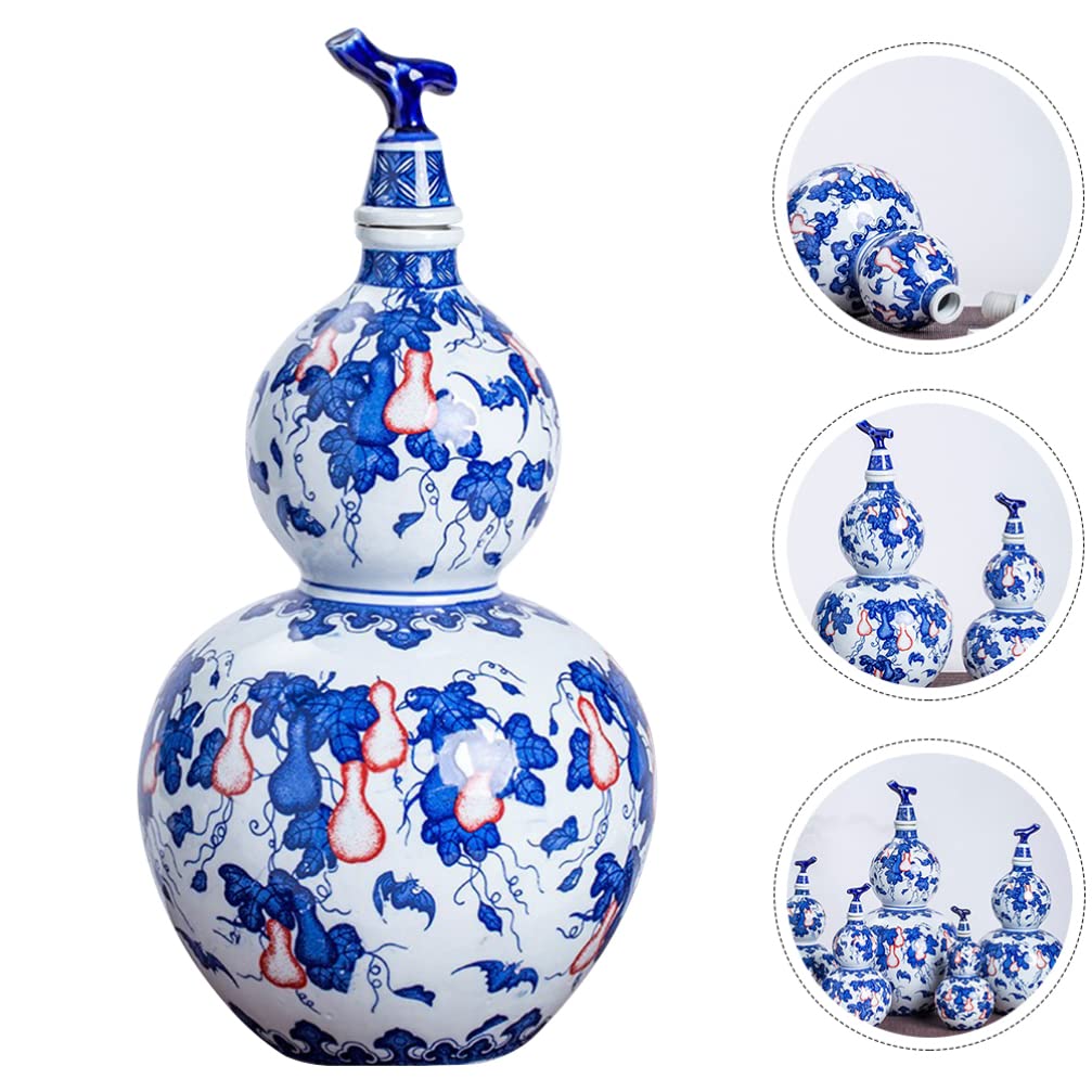 Portable Ceramic Wine Gourd Jug - 26x12.5cm Chinese Antique Style Water Kettle with Floral Print, Empty Wine Bottle for Home & Restaurant Use | Perfect for Serving Tea, Wine, or as Decorative Vase