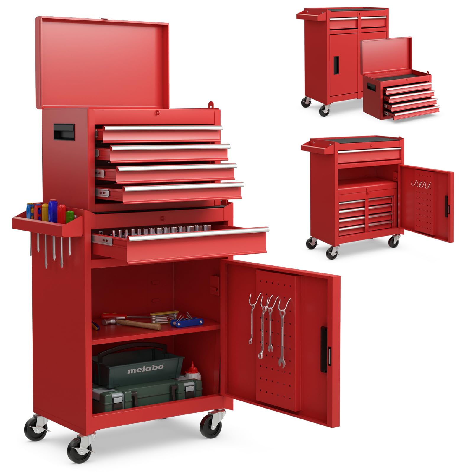 Happytools 5-Drawer Rolling Tool Chest - 2 in 1 Detachable Lockable Metal Tool Storage Cabinet with 4 Universal Wheels & Hooks | Heavy Duty Tool Box Organizer for Workshop, Garage, Repair Shop & Home Use | Perfect for DIY Projects, Auto Repair & Tool Organization (Red)