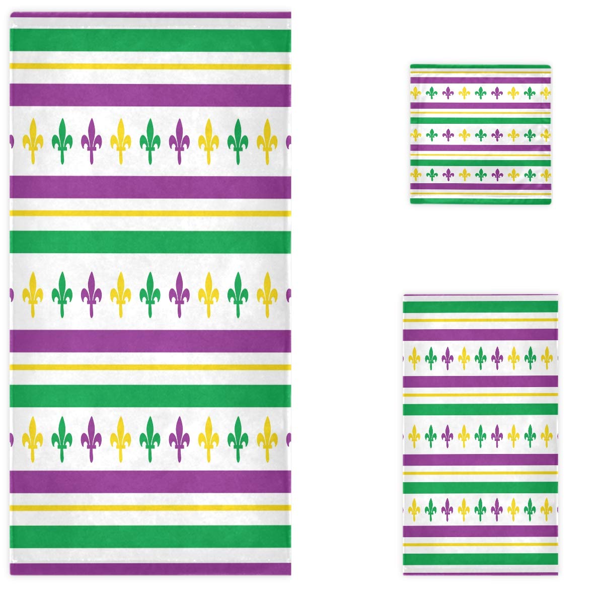 Kaariok Mardi Gras Fleur De Lis Purple Green Stripe Luxury Bath Towel Set - 3 Piece Soft Towels (Bath, Hand, Washcloth) for Home, Hotel, Gym, Spa, Beach & Pool Use - Absorbent Quick-Dry Bathroom Essentials