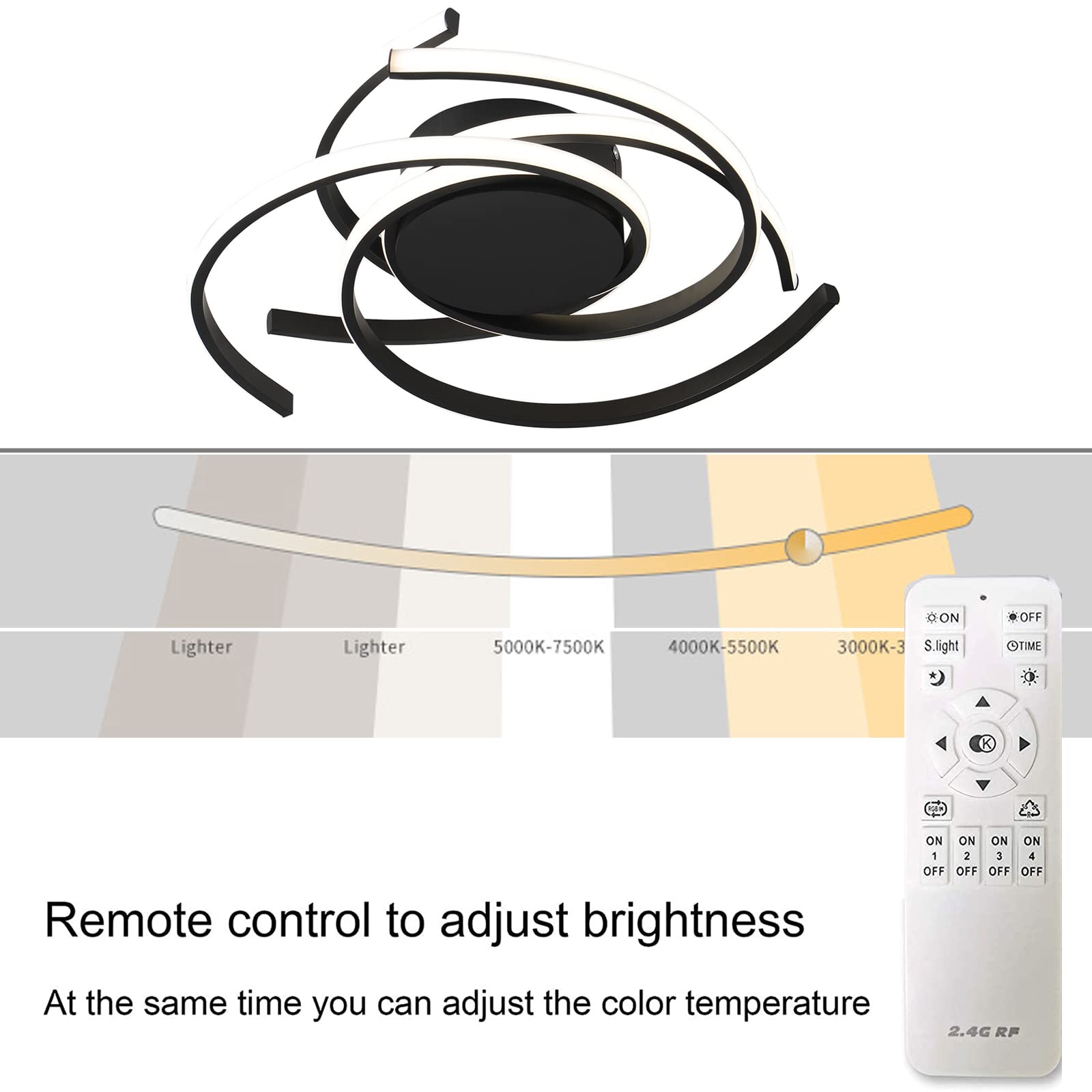 Modern LED Ceiling Light with Remote Control - Dimmable Acrylic Chandelier Flush Mount Pendant Lamp 22 Inch (56cm) Black for Living Room, Bedroom, Dining Room, Kitchen Island & Office - Energy Efficient Lighting for Home Decor & Interior Design