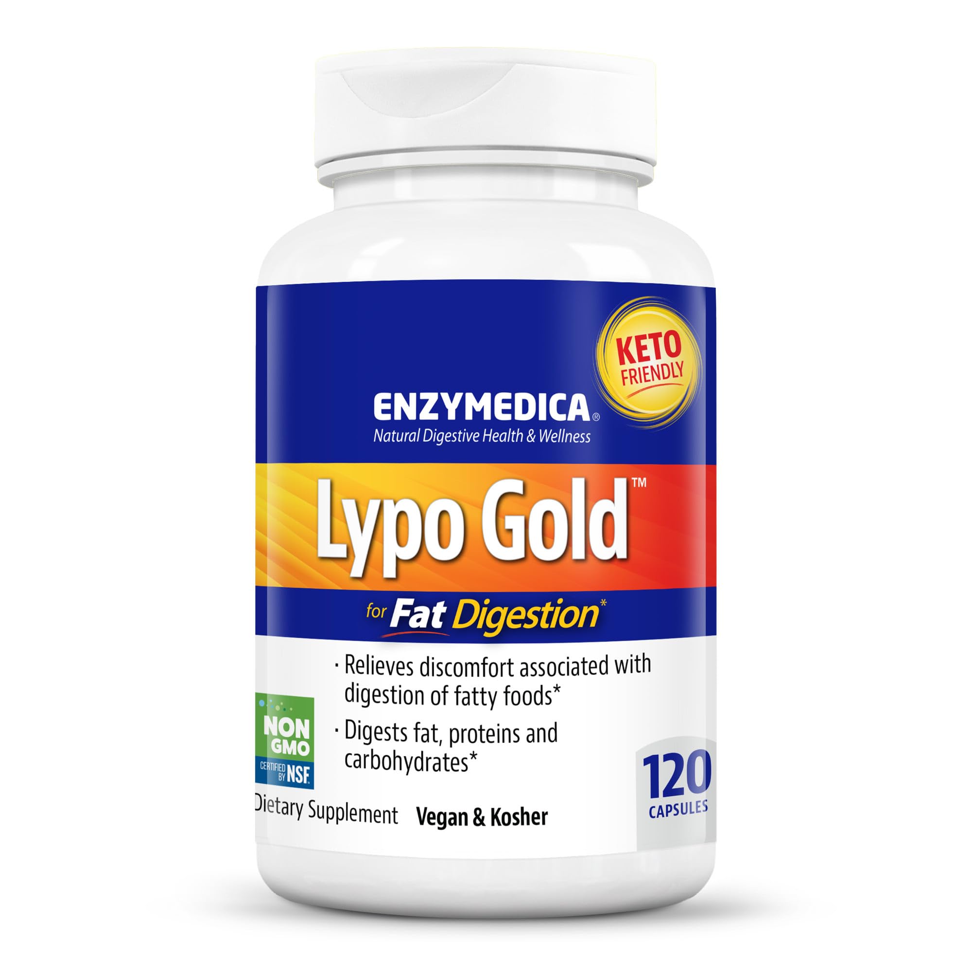 Enzymedica Lypo Gold Digestive Enzyme Supplement - 120 Capsules for Optimal Fat Digestion & Nutrient Absorption | Supports Bloating Relief & Gut Health | Ideal for High-Fat Meals & Digestive Comfort
