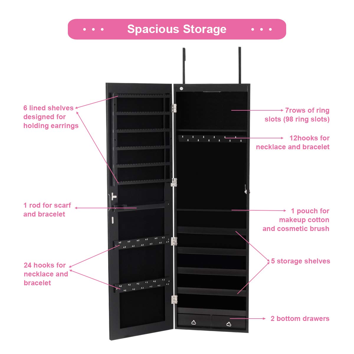 GOFLAME Wall Mounted Jewelry Armoire Cabinet - Full Length Mirror with LED Lights, Lockable Storage for Necklaces, Rings & Earrings - Includes 36 Hooks, Scarf Rod & Makeup Pouch (Black) | Perfect for Bedroom, Closet & Dressing Room Organization
