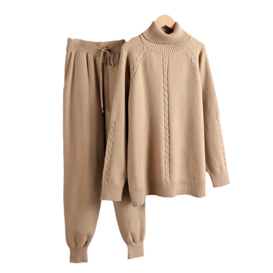 Women's Winter Cashmere Knit Tracksuit Set - Soft Turtleneck Sweater & Harem Pants 2-Piece Outfit for Cozy Loungewear, Travel & Cold Weather Fashion
