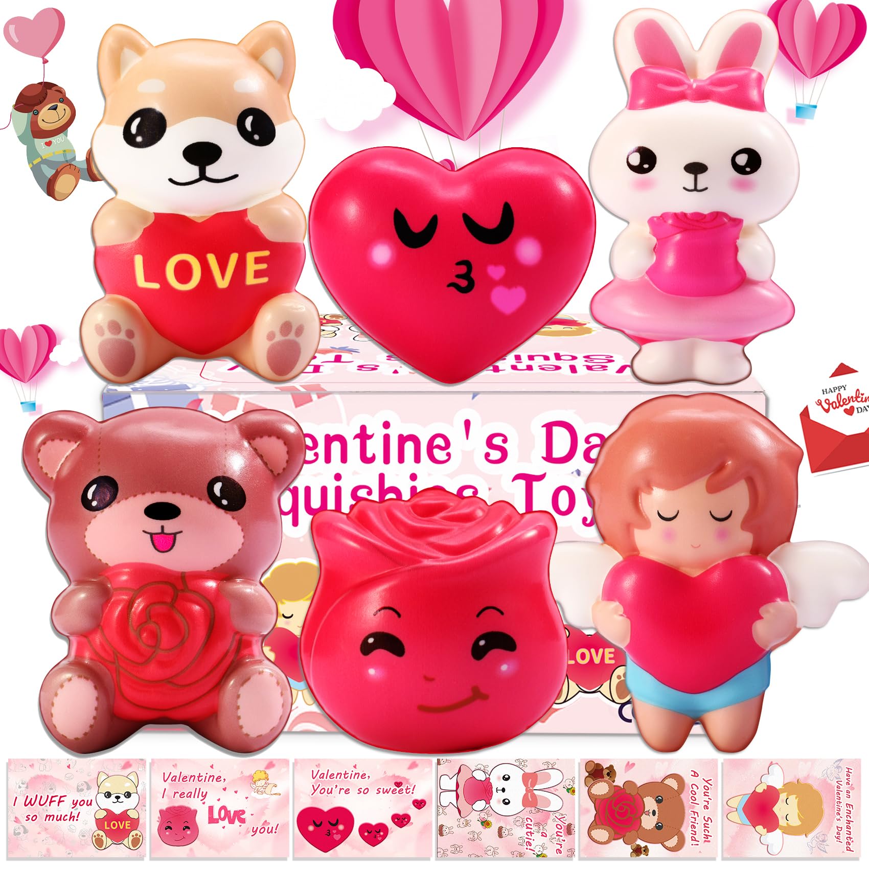 Valentine's Day Squishy Toys 6 Pack - Slow Rising Stress Relief Toys for Kids, Super Soft Squeeze Sensory Fidget Toys for Valentine's Gifts, Party Favors, Classroom Prizes & Anxiety Relief - Cute Valentines Day Gifts for Girls and Boys