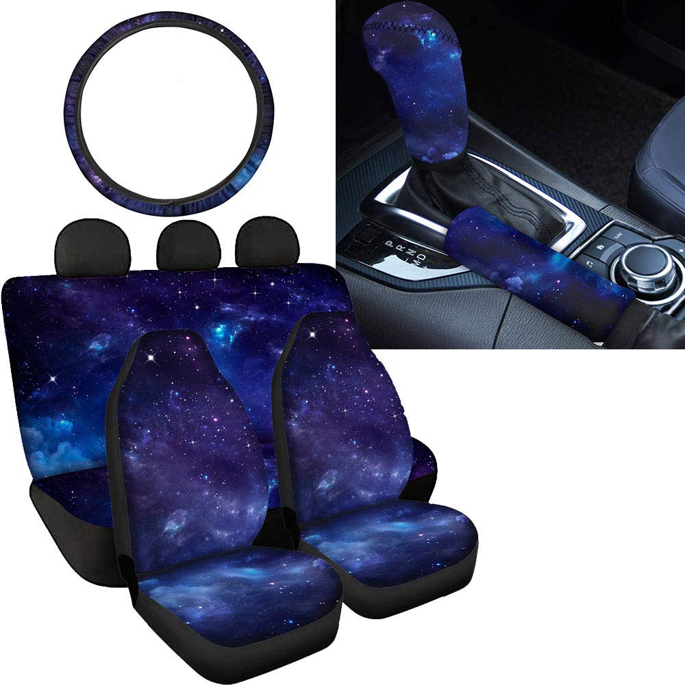 7-Piece Car Seat Protector Set with Steering Wheel Cover, Gear Shift & Handbrake Covers - Blue Galaxy Space Print Interior Accessories for Cars, SUVs & Trucks | Perfect for Road Trips, Daily Commutes & Protecting Leather Seats