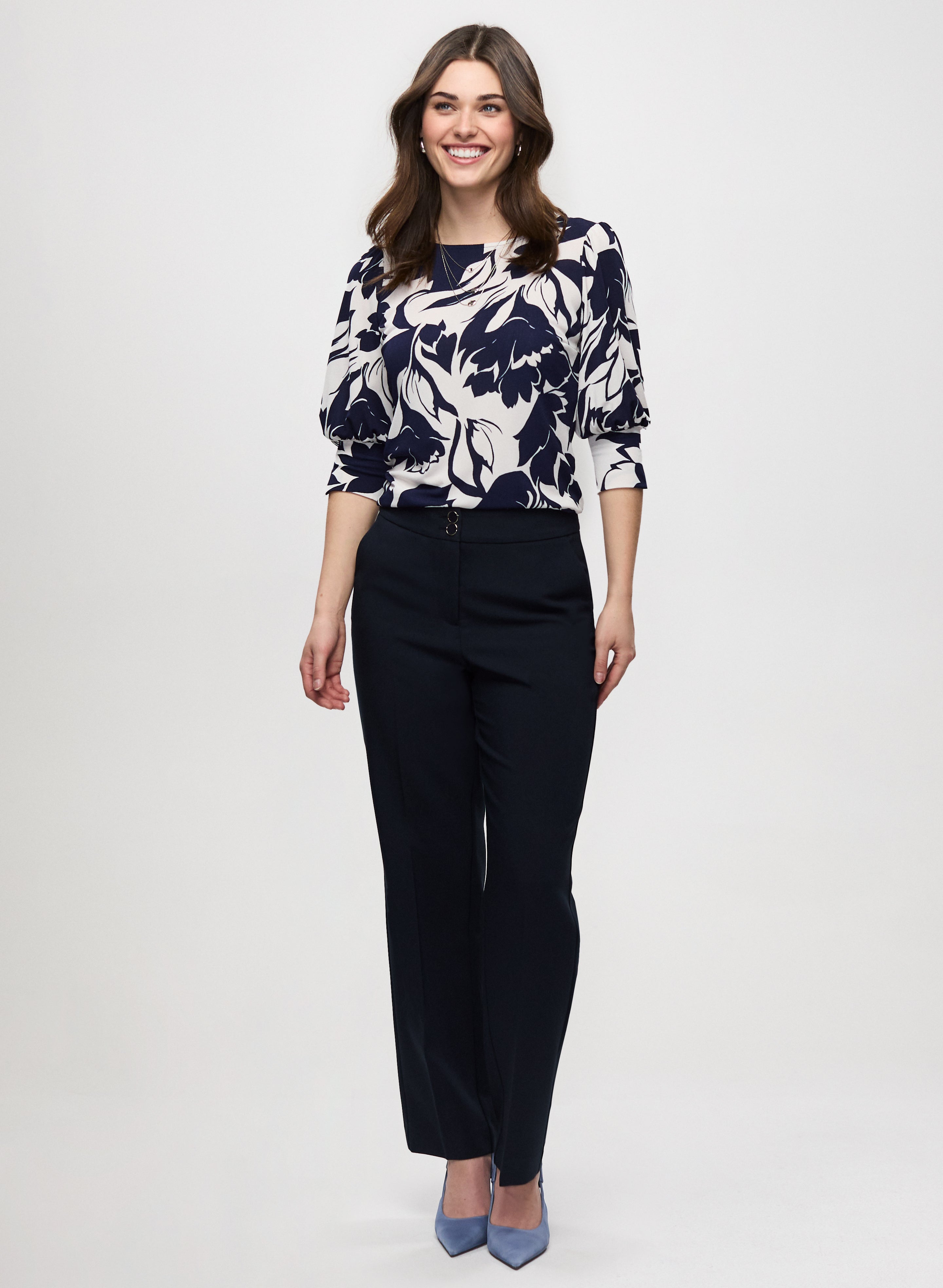 Floral Print 3/4 Sleeve Blouse with Straight Leg Pants Set - Women's Elegant Office Wear & Spring Outfit for Work, Dating & Special Occasions