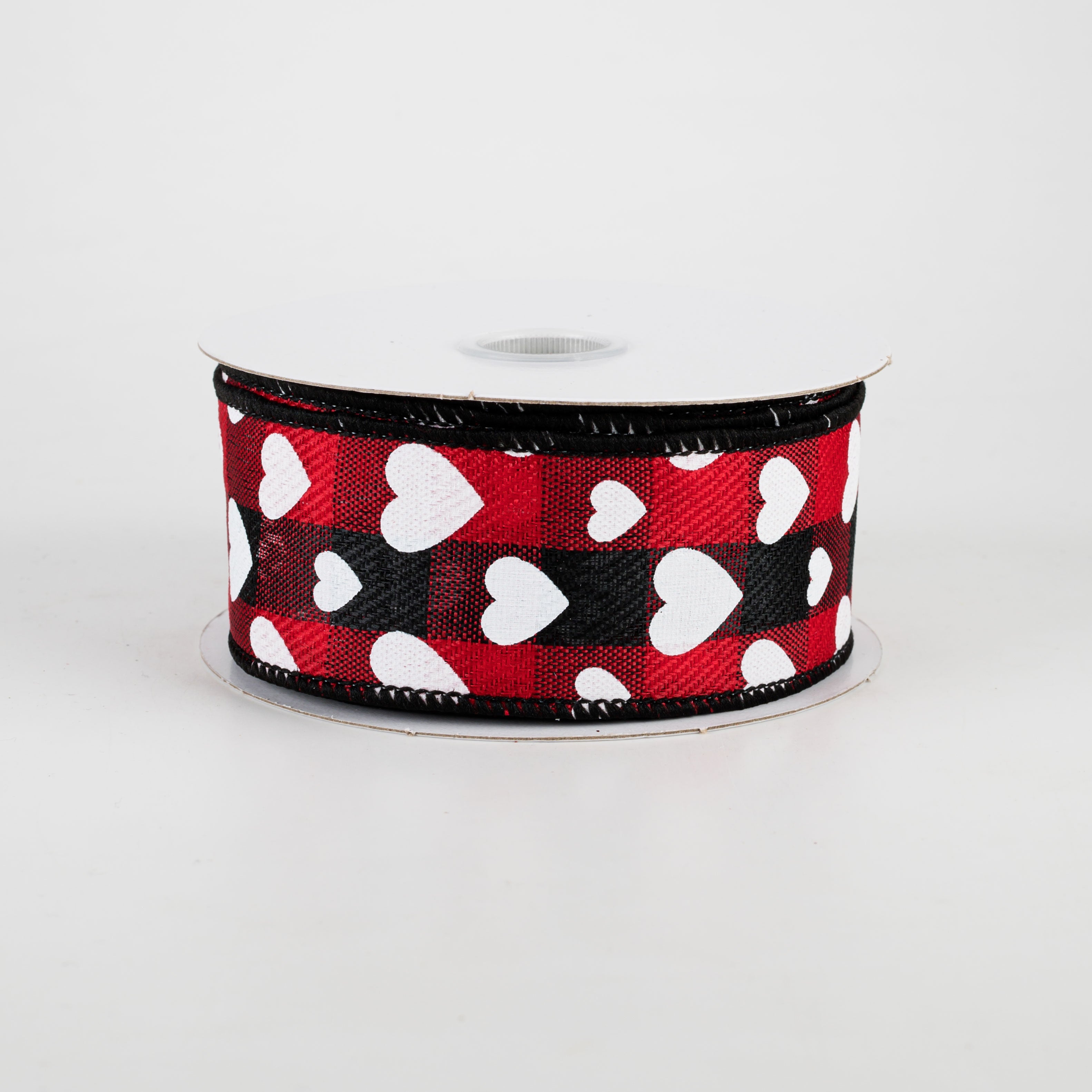 1.5 Inch Hearts on Buffalo Plaid Ribbon - Black, Red & White Checkered Pattern - 10 Yards Bulk Ribbon for Gift Wrapping, DIY Crafts, Christmas Decorations and Scrapbooking