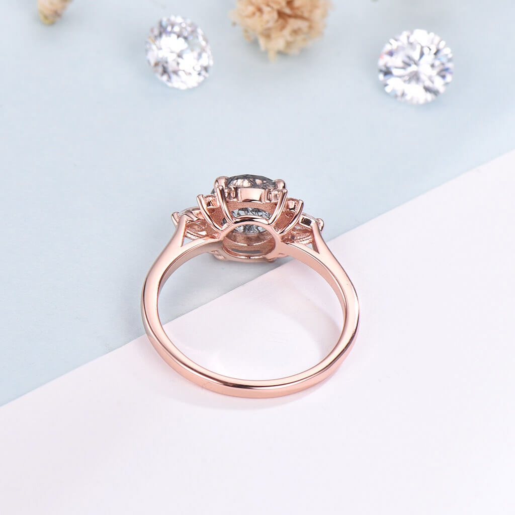 Vintage Rose Gold Round Black Rutilated Quartz Engagement Ring with Pear Moissanite - Unique Cluster Bridal Wedding Ring Gift for Women - Perfect for Proposals, Anniversaries & Special Occasions