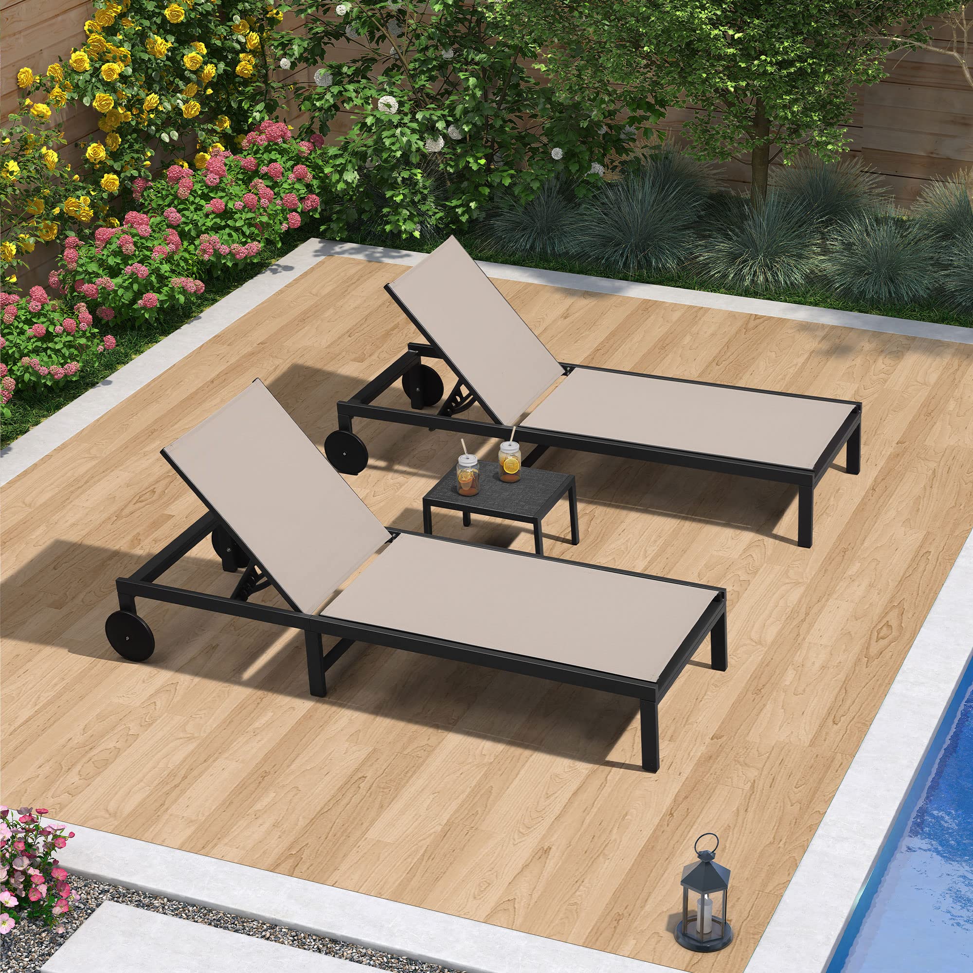PURPLE LEAF Outdoor Chaise Lounge Chairs Set - Adjustable Aluminum Recliner with Wheels & Side Table for Poolside, Beach, Patio - Sunbathing & Relaxation - Beige - Perfect for Backyard, Garden & Resort Lounging