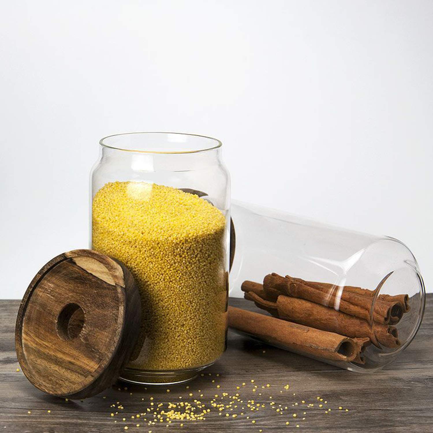 Premium Borosilicate Glass Food Storage Jars Set of 4 with Airtight Wooden Lids - Ideal for Coffee, Tea, Candy, Spice & Dry Food Organization in Kitchen, Pantry or Office