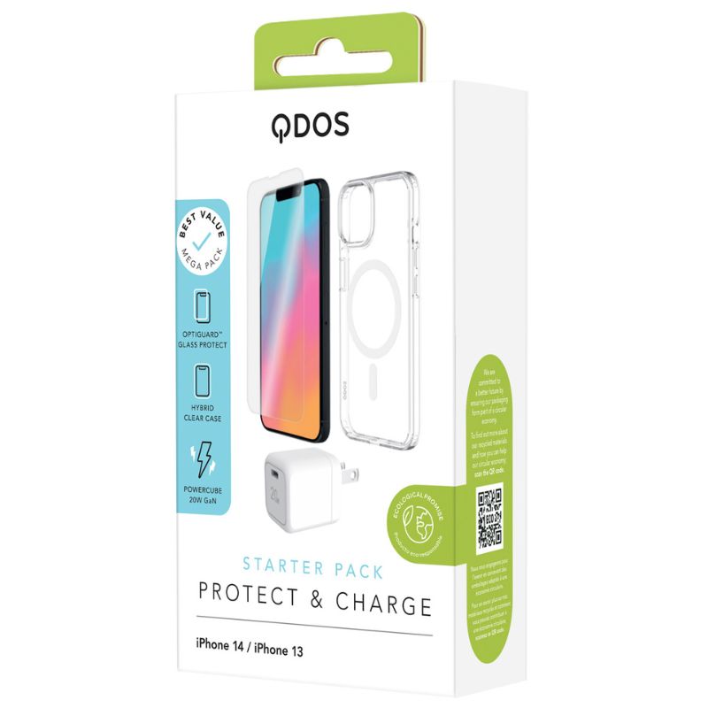 QDOS iPhone 13/14 Starter Pack - Protective Case + Screen Protector + Fast Charger | Perfect for Travel, Work & Everyday Use