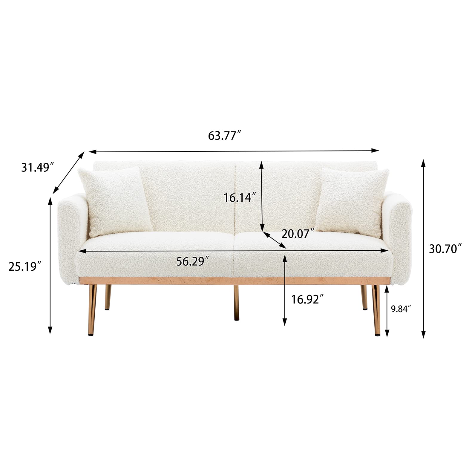 Antetek 3-Position Adjustable Futon Sofa Bed - Modern Upholstered Convertible Loveseat with 5 Metal Tapered Legs & 2 Decorative Pillows, Ivory Teddy Fabric - Perfect for Small Spaces, Guest Rooms & Studio Apartments