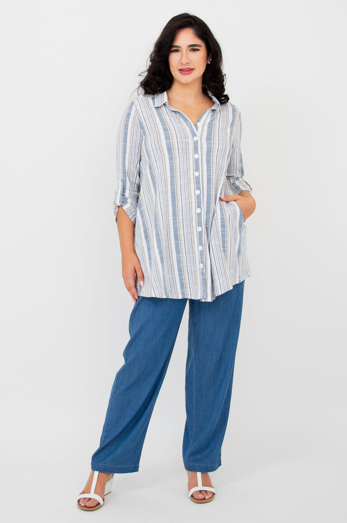 Celine Women's Blouse - Sand Stripe Linen Bamboo Shirt for Casual Wear & Summer Outfits