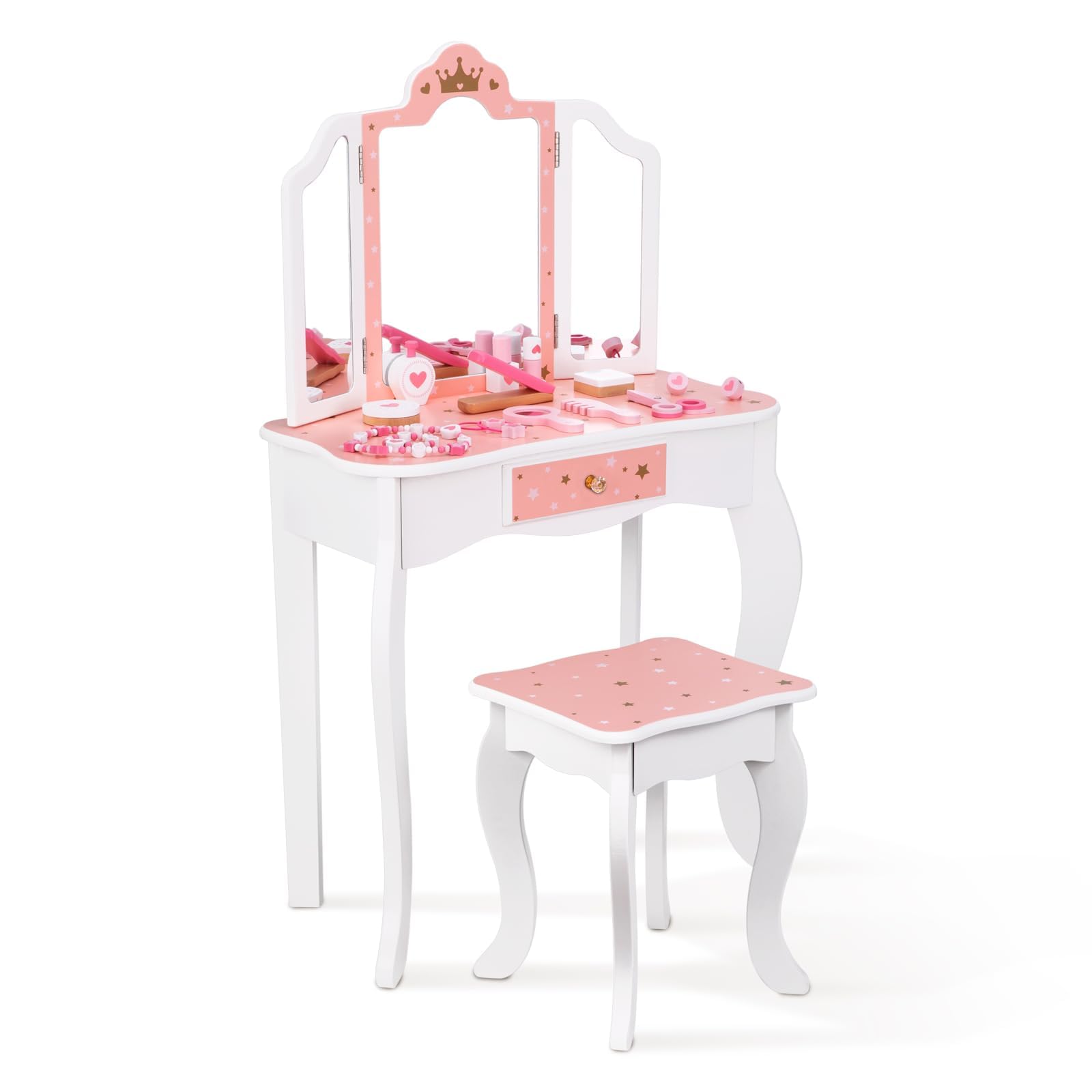 Kids Vanity Set for Girls - Premium Toddler Makeup Table with Tri-Fold Mirror, Stool & Storage Drawer - Perfect for Pretend Play, Birthday Gifts & Bedroom Decor