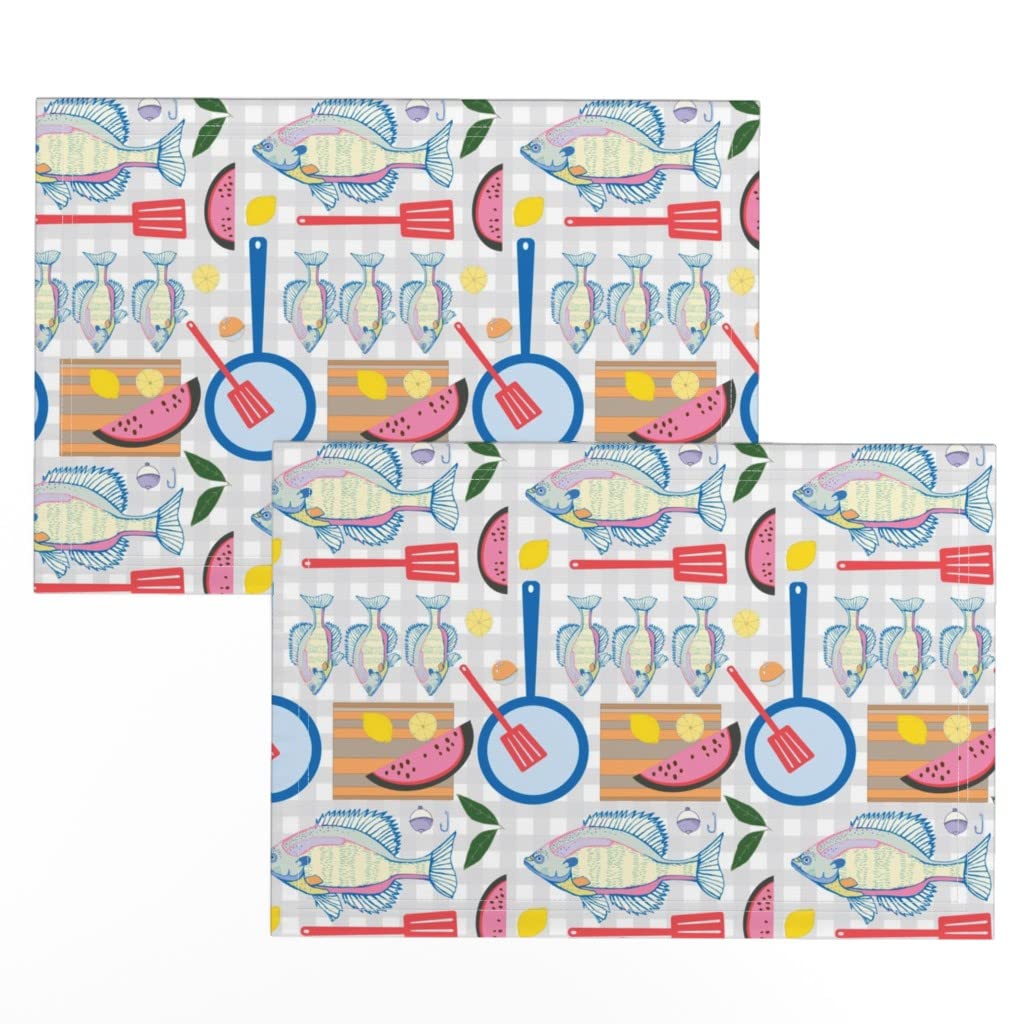 Premium Linen Cotton Canvas Placemats Set of 2 - Summer Fishing Theme with Lemon Print, Durable & Washable for Outdoor Picnics, Dining Table Decor, and Kitchen Use