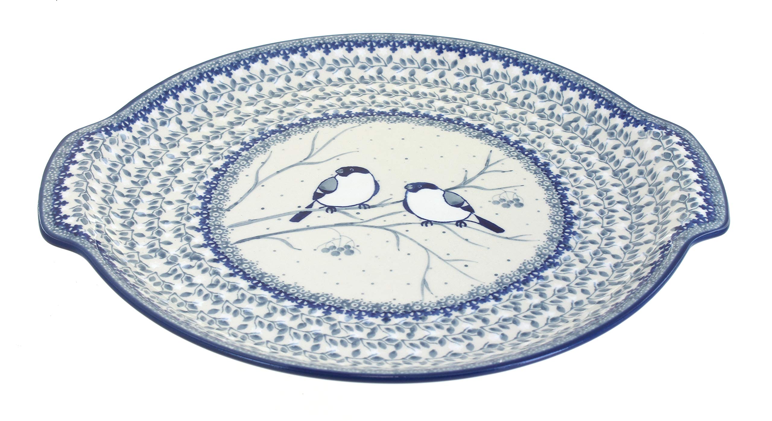 Handmade Blue Rose Polish Pottery Bluebird Round Serving Tray with Handles - Perfect for Tea Parties, Home Decor & Gift Giving