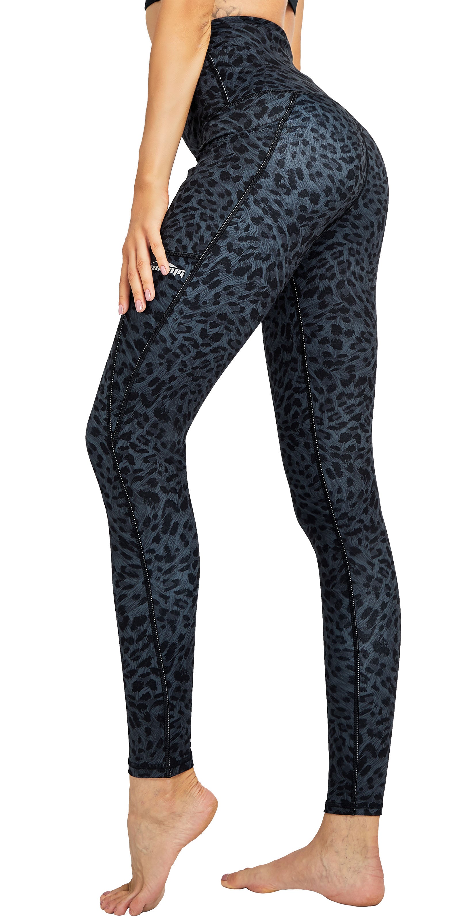COOLOMG High Waisted Yoga Pants for Women - Side Pocket Workout Leggings in Black Leopard Print | Perfect for Gym, Running & Lounge Wear