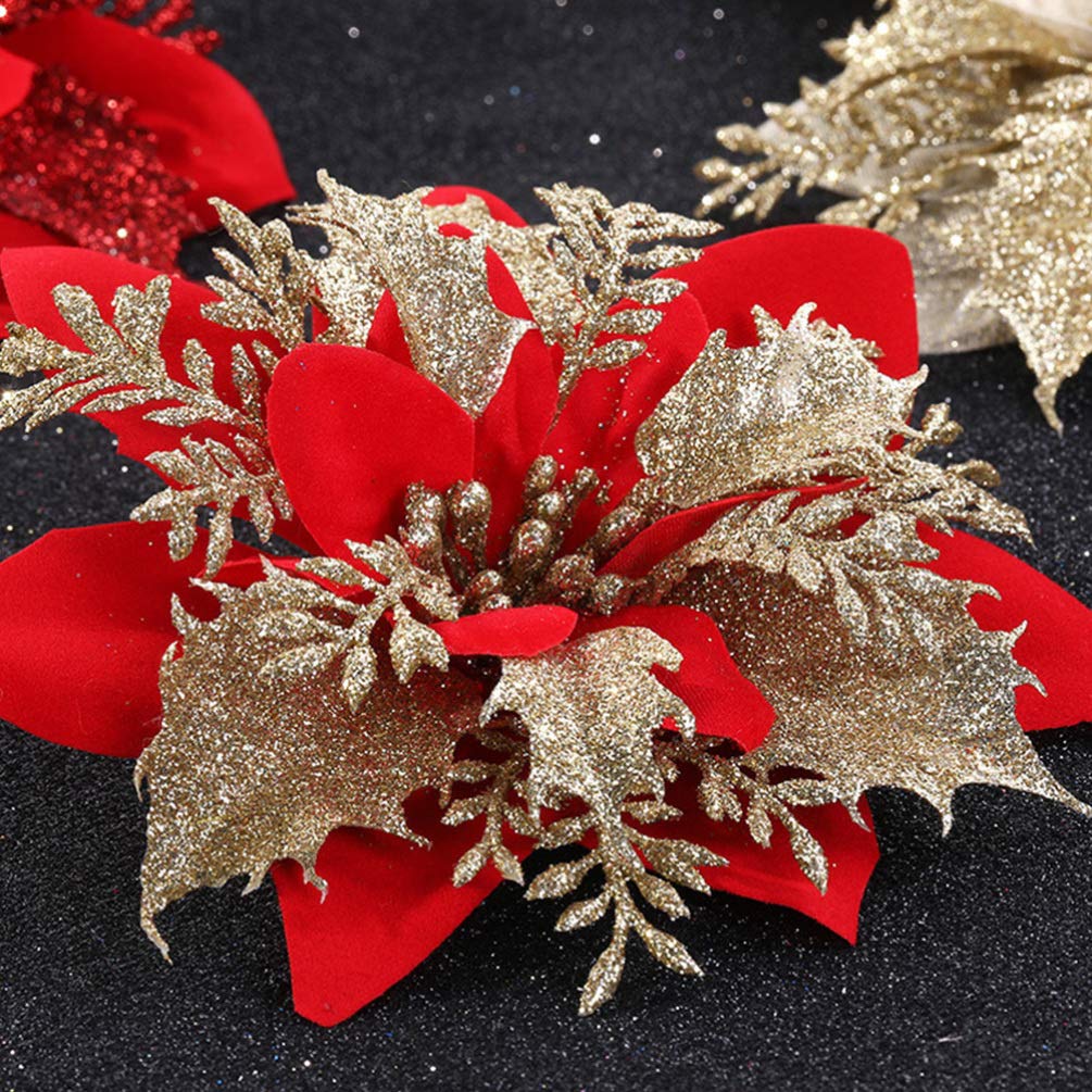 15Pcs Christmas Poinsettias Artificial Flowers - Mini Gold Dust Floral Decor for DIY Garland, Tree, Wreath & Holiday Home Decoration | Perfect for Xmas Party, Mantel, Table Centerpiece