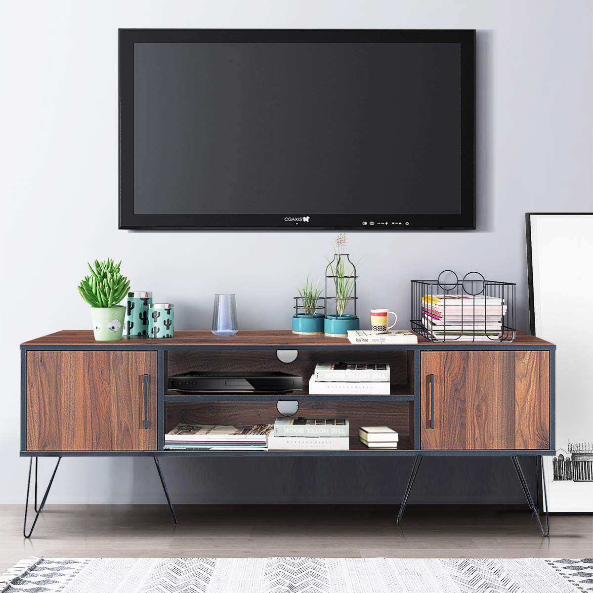 Tangkula 59 Inch Retro TV Stand with 6 Metal Legs - Modern Entertainment Center for 65 Inch TVs, Adjustable Shelf & 2 Cable Holes - Media Storage Cabinet for Living Room, Bedroom & Home Theater Setup