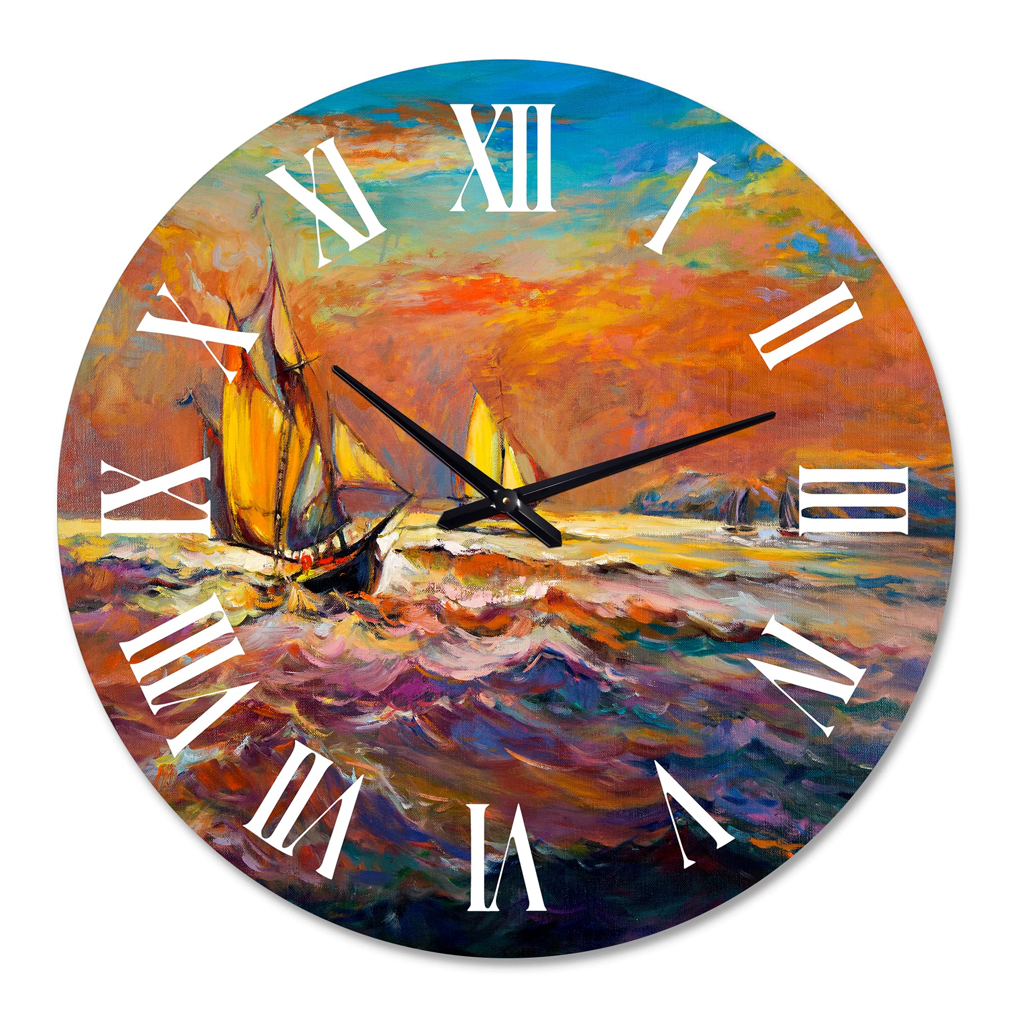 DesignQ Nautical Coastal Wall Clock - Sailing Ships at Sunset, Orange Round Decorative Clock for Bedroom, Living Room & Office | Perfect for Beach House Decor & Coastal Theme Interiors