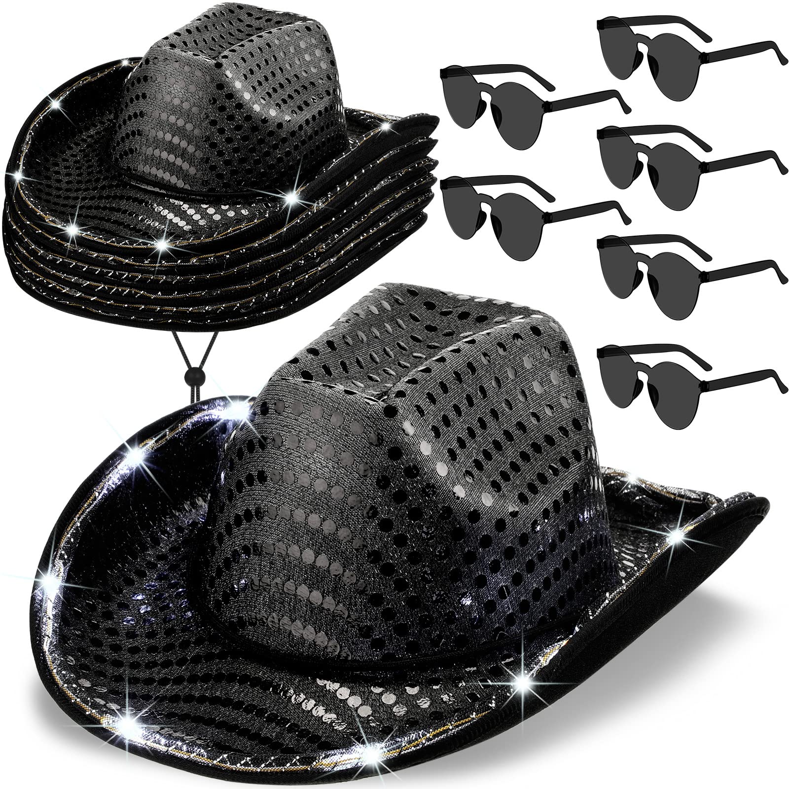**Zhanmai 6-Pack LED Light Up Cowboy Hat with Glitter & Sequin - Space Cowgirl Hat for Women & Men - Perfect for Halloween, Cosplay, Rodeo & Western Parties**