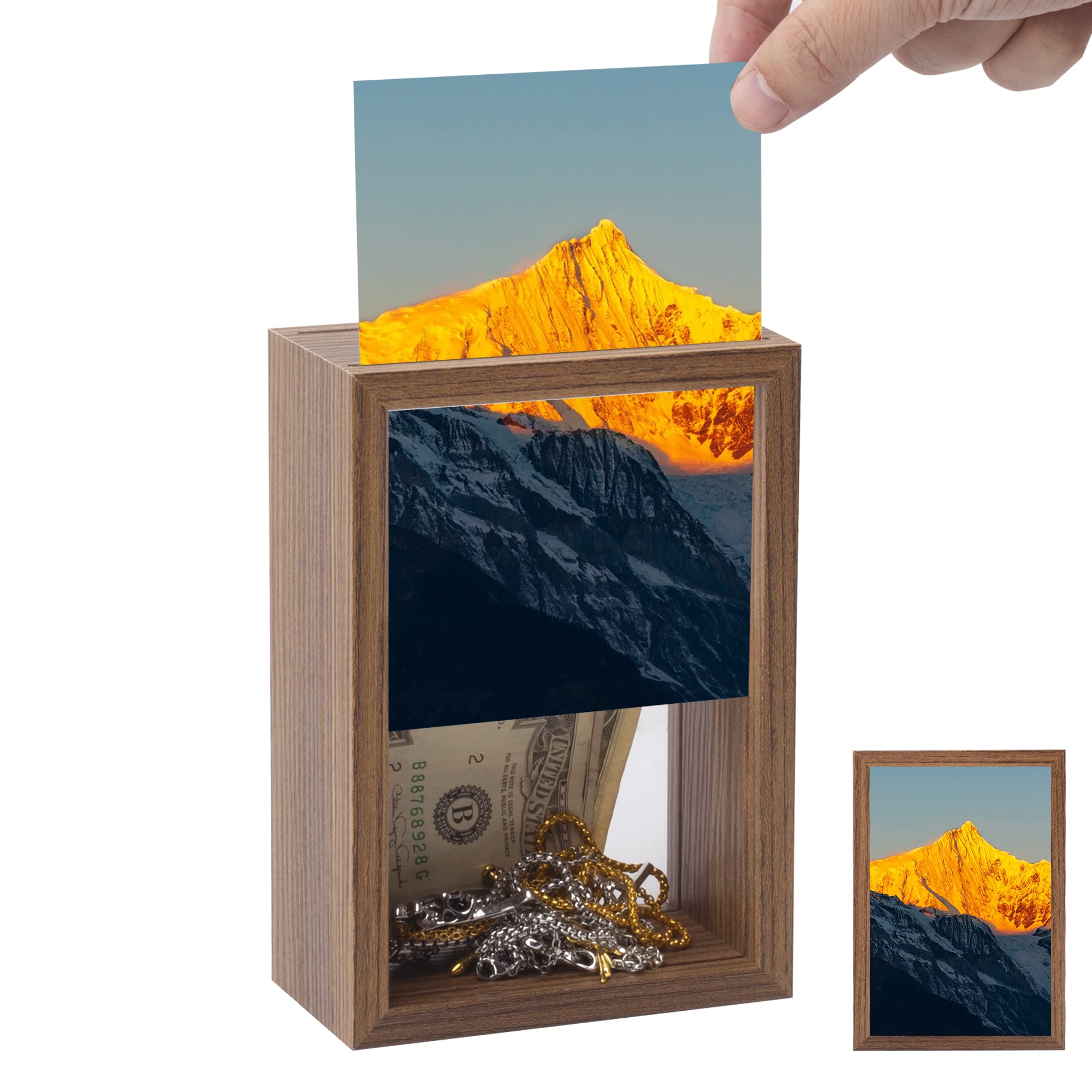Mini Diversion Safe Box with Hidden Secret Compartment - Walnut Photo Frame for Money & Valuables | Secure Home & Office Storage | Ideal for Cash, Jewelry & Important Documents