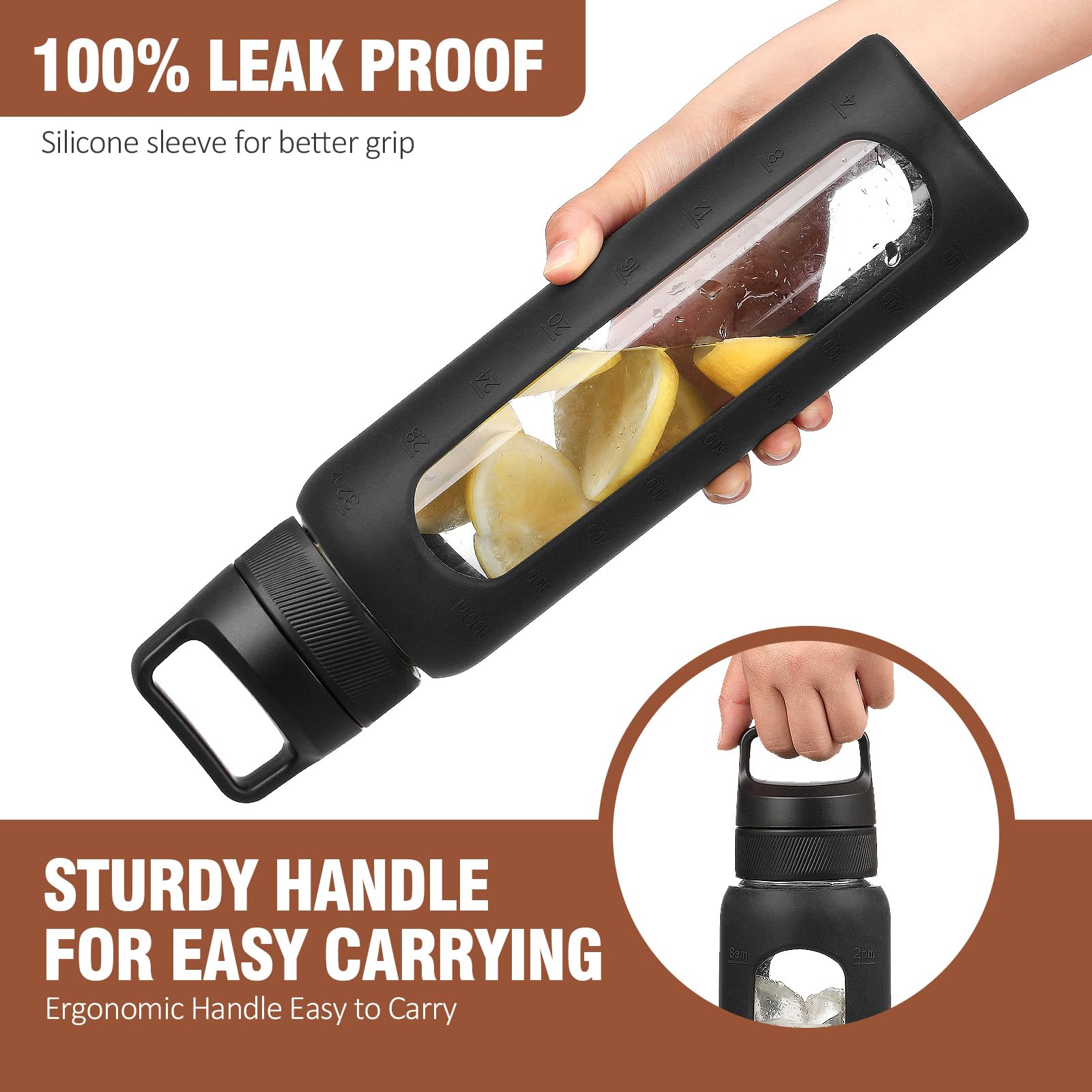 Kodrine 32 oz Glass Water Bottle with Straw & Silicone Sleeve - 1 Liter Clear Wide Mouth Bottle with Time Marker, Includes 2 Lids (Chug & Bamboo Straw) - Perfect for Gym, Hiking, Office & Travel Hydration