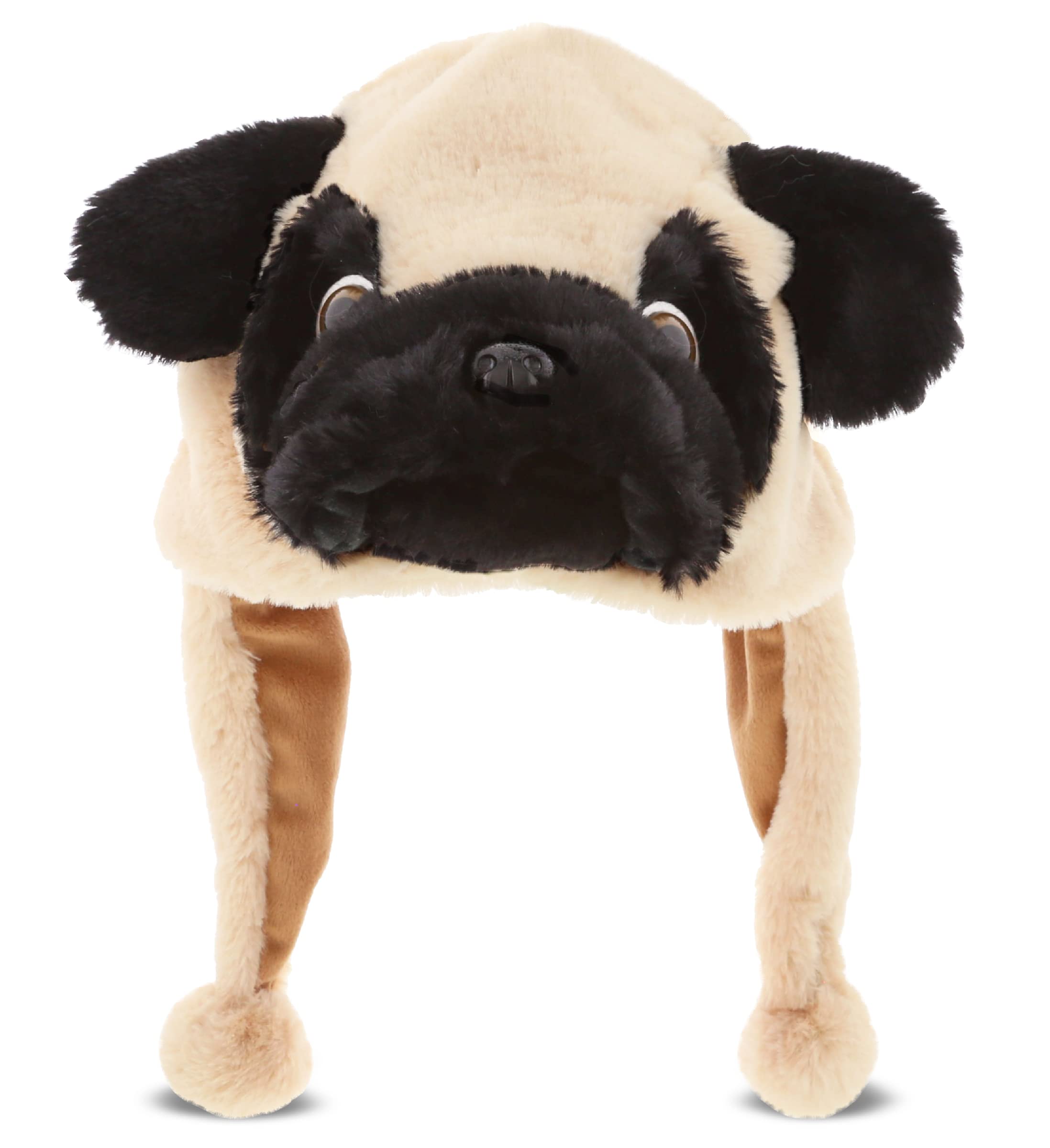 DolliBu Pug Plush Winter Hat - Soft Stuffed Animal Beanie with Ear Flaps, Cozy Fleece, Funny Pet Costume for Kids, Teens & Adults - One Size - Perfect for Christmas Gifts, Winter Outdoor Activities & Cosplay