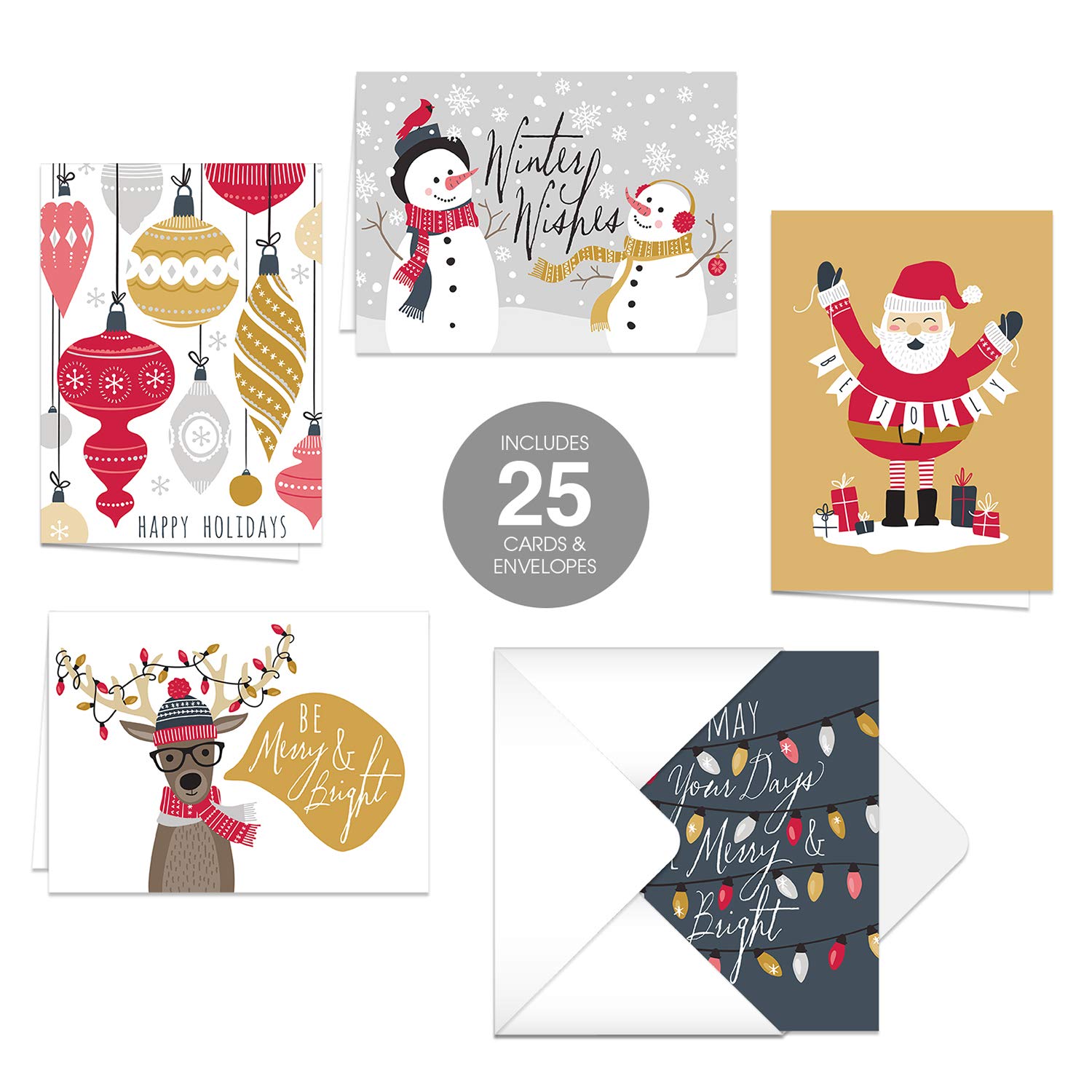 25 Christmas Cards with White Envelopes - 5 Modern Winter Designs (4 5/8