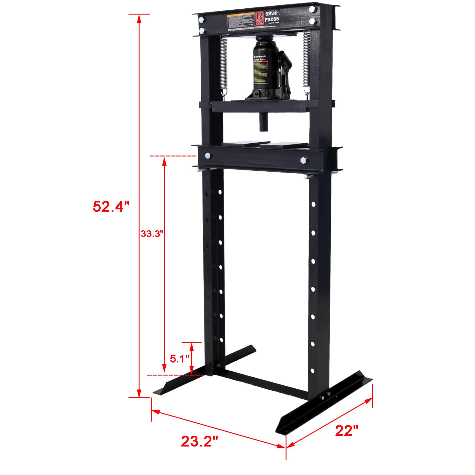 12-Ton Hydraulic Shop Press with Press Plates - Heavy Duty H-Frame Garage Press with Adjustable Work Table - Ideal for Auto Repair, Metalworking & Industrial Applications (Black)