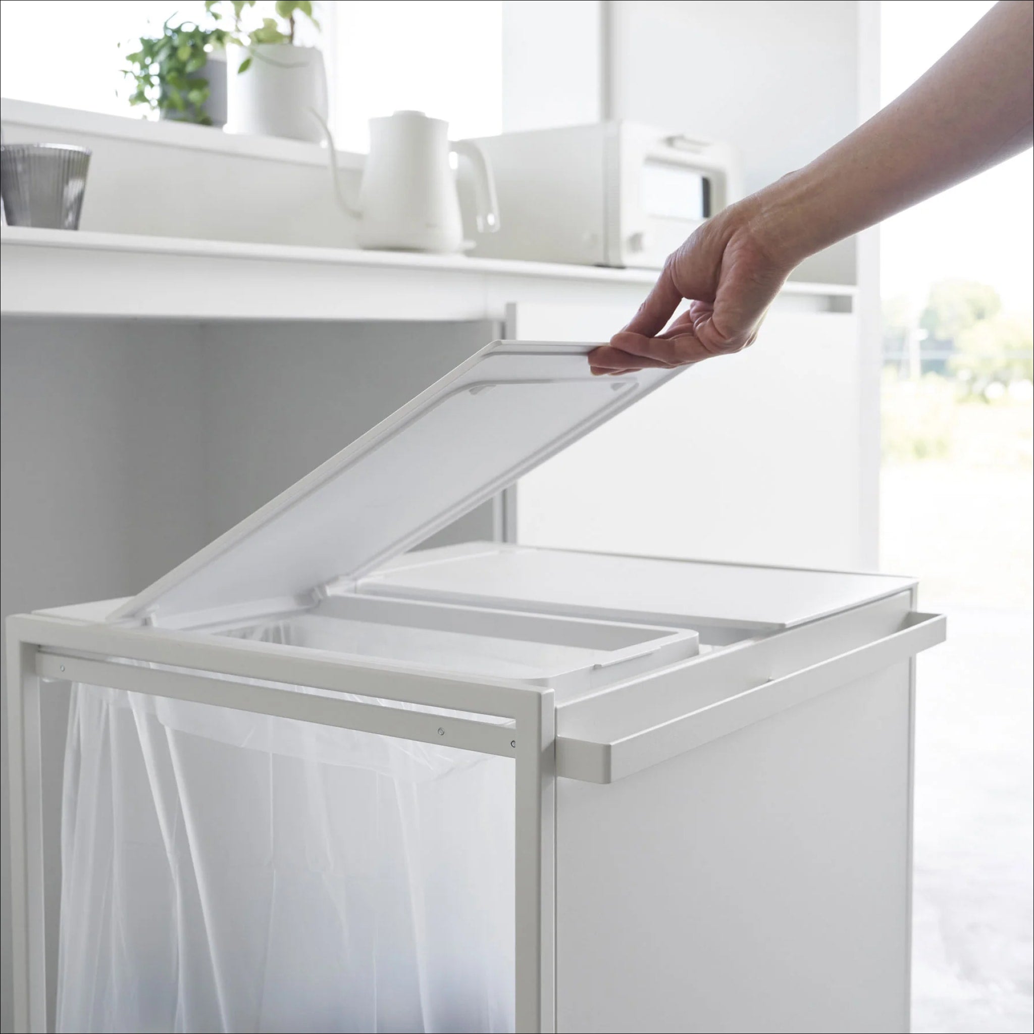 YAMAZAKI 2-Compartment Rolling Trash Can with Wheels for Kitchen & Office Recycling - White, Space-Saving Waste Bin for Home & Office Organization